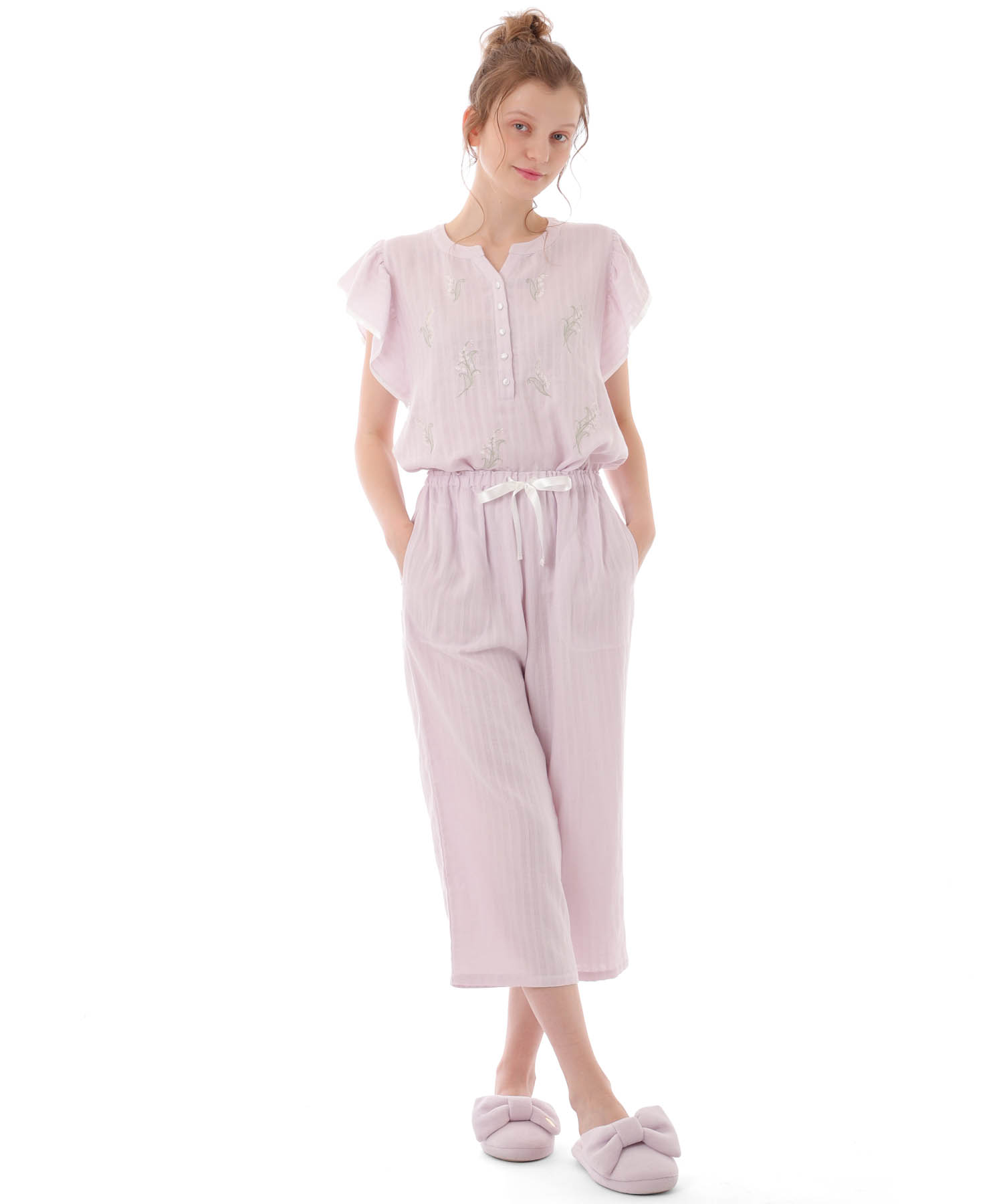 ダブルガーゼスズラン刺繍_パジャマ&ルームウェア-セットアップ_パープル_1