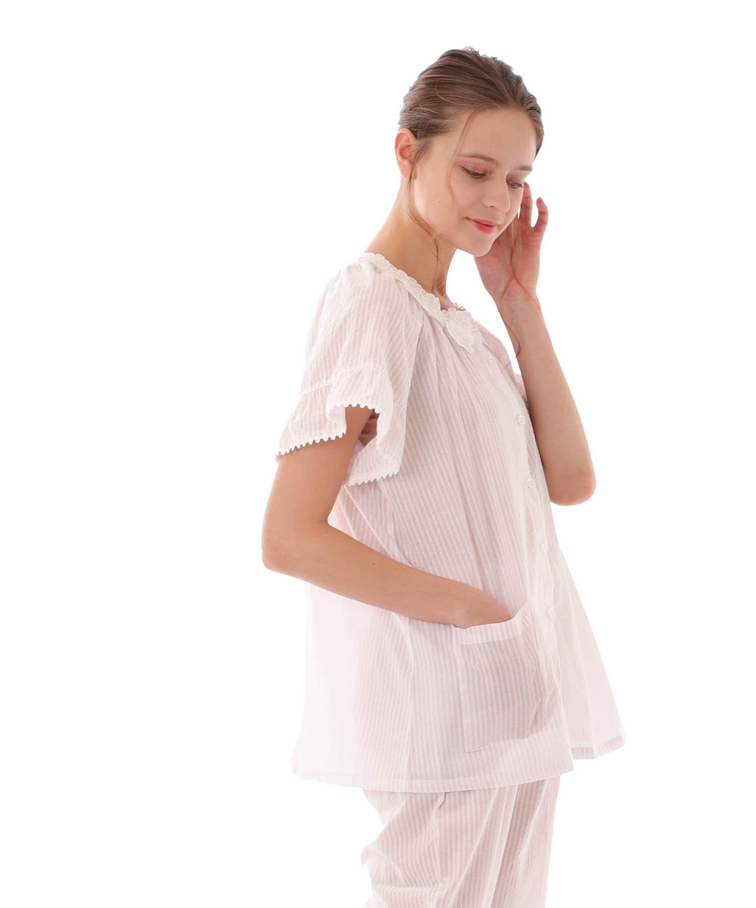 サッカーストライプレースフラワー_パジャマ&ルームウェア-セットアップ_ピンク_2