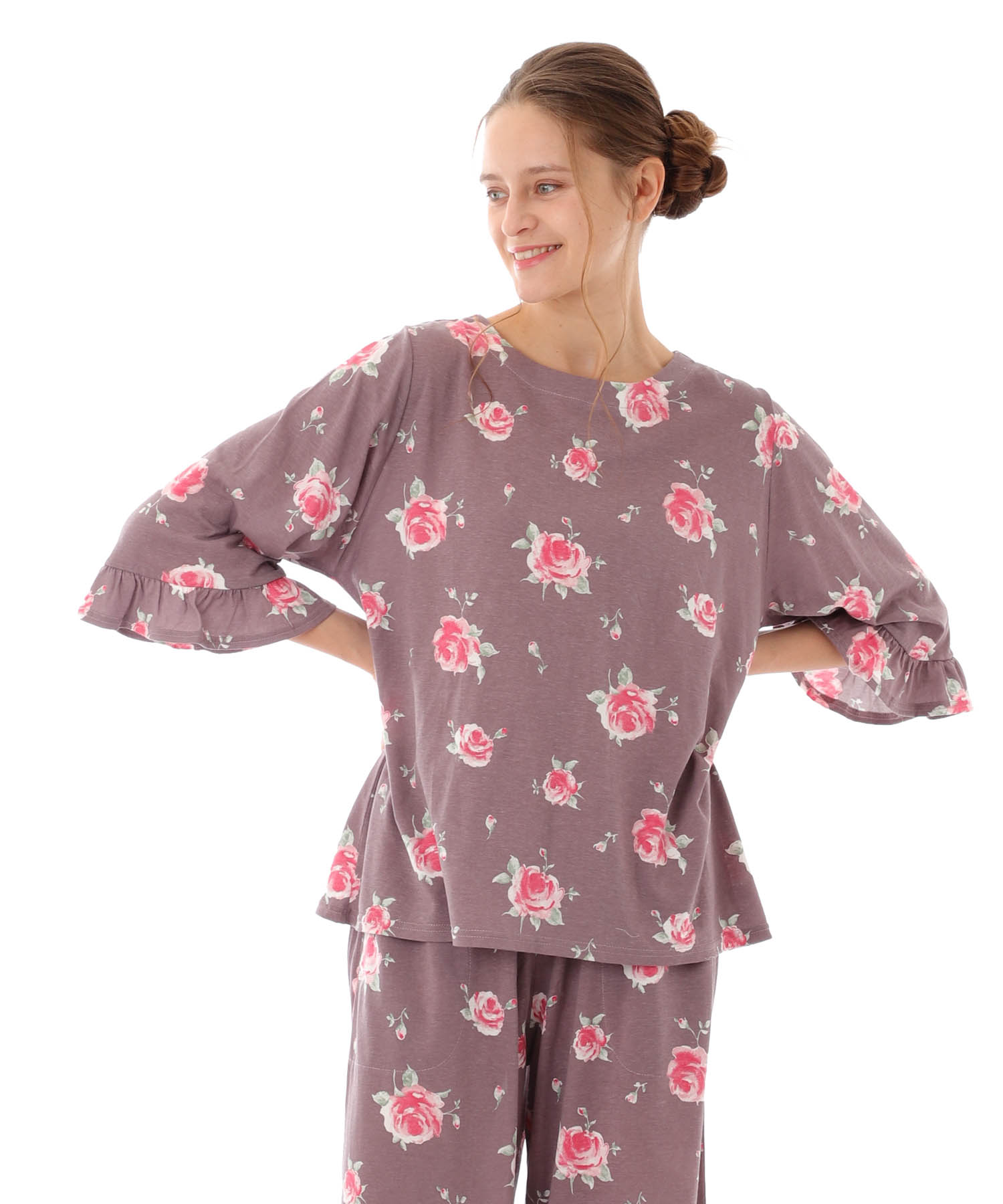綿テンセルロージーローズセットアップ_パジャマ&ルームウェア-セットアップ_ブラウン_1