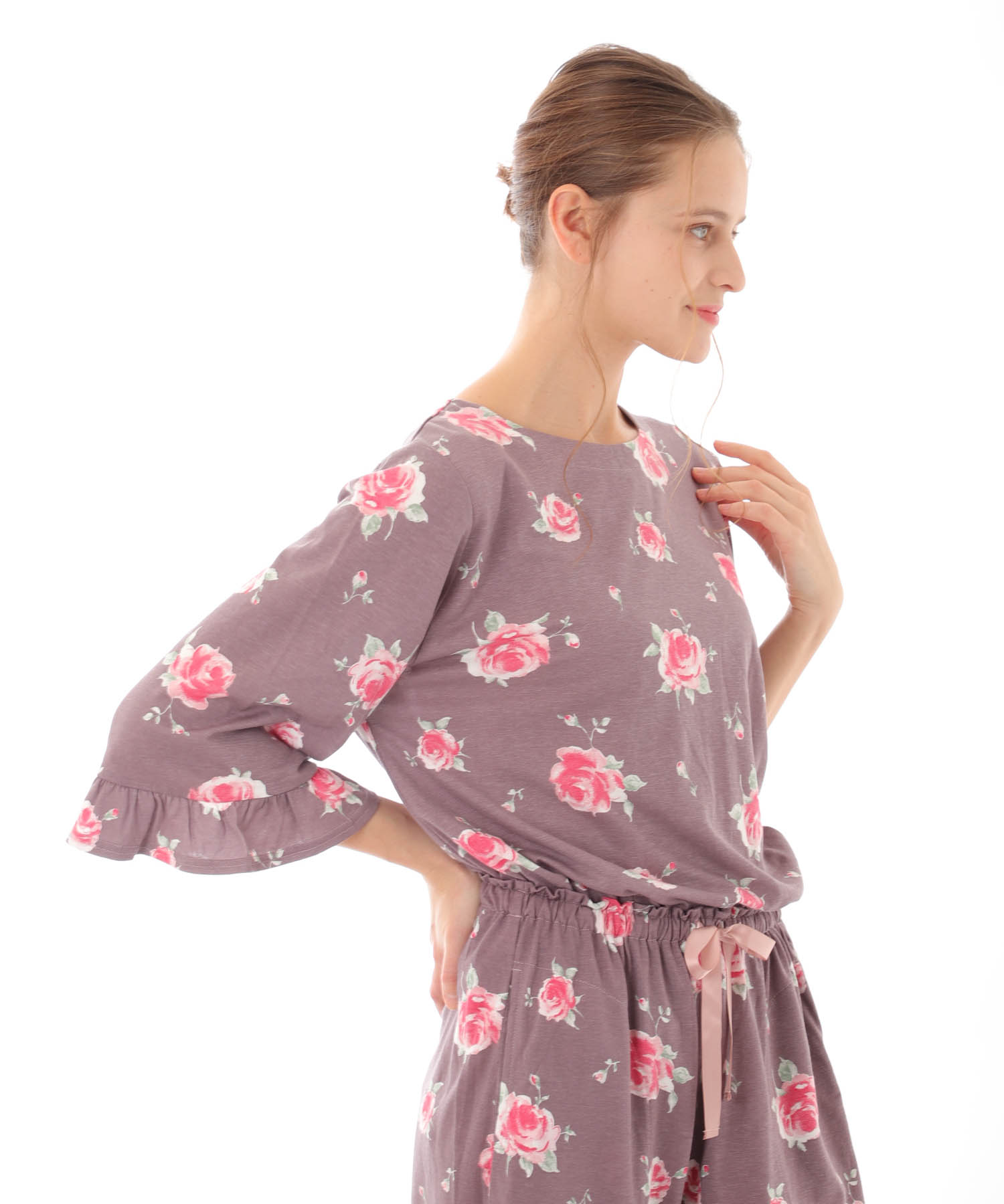 綿テンセルロージーローズセットアップ_パジャマ&ルームウェア-セットアップ_ブラウン_2