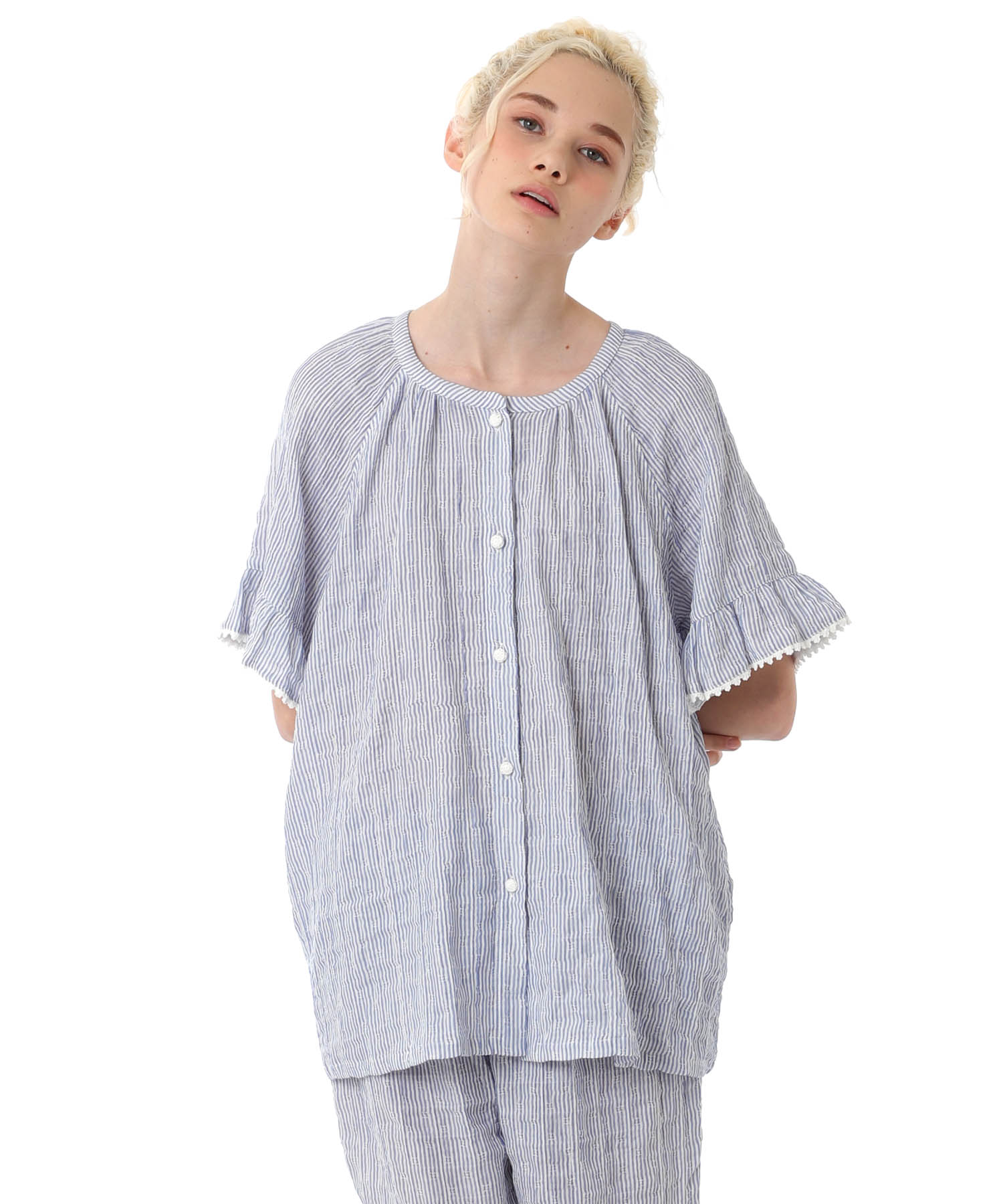 シャーリングガーゼ表ジャカード_パジャマ&ルームウェア-セットアップ_ブルー_1