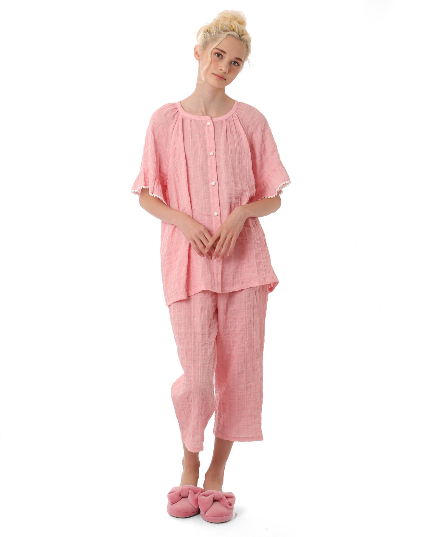 シャーリングガーゼ表ジャカード_パジャマ&ルームウェア-セットアップ_ピンク_1