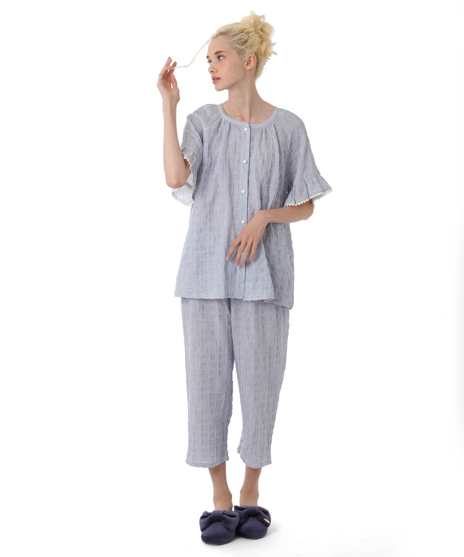 シャーリングガーゼ表ジャカード_パジャマ&ルームウェア-セットアップ_ブルー_3