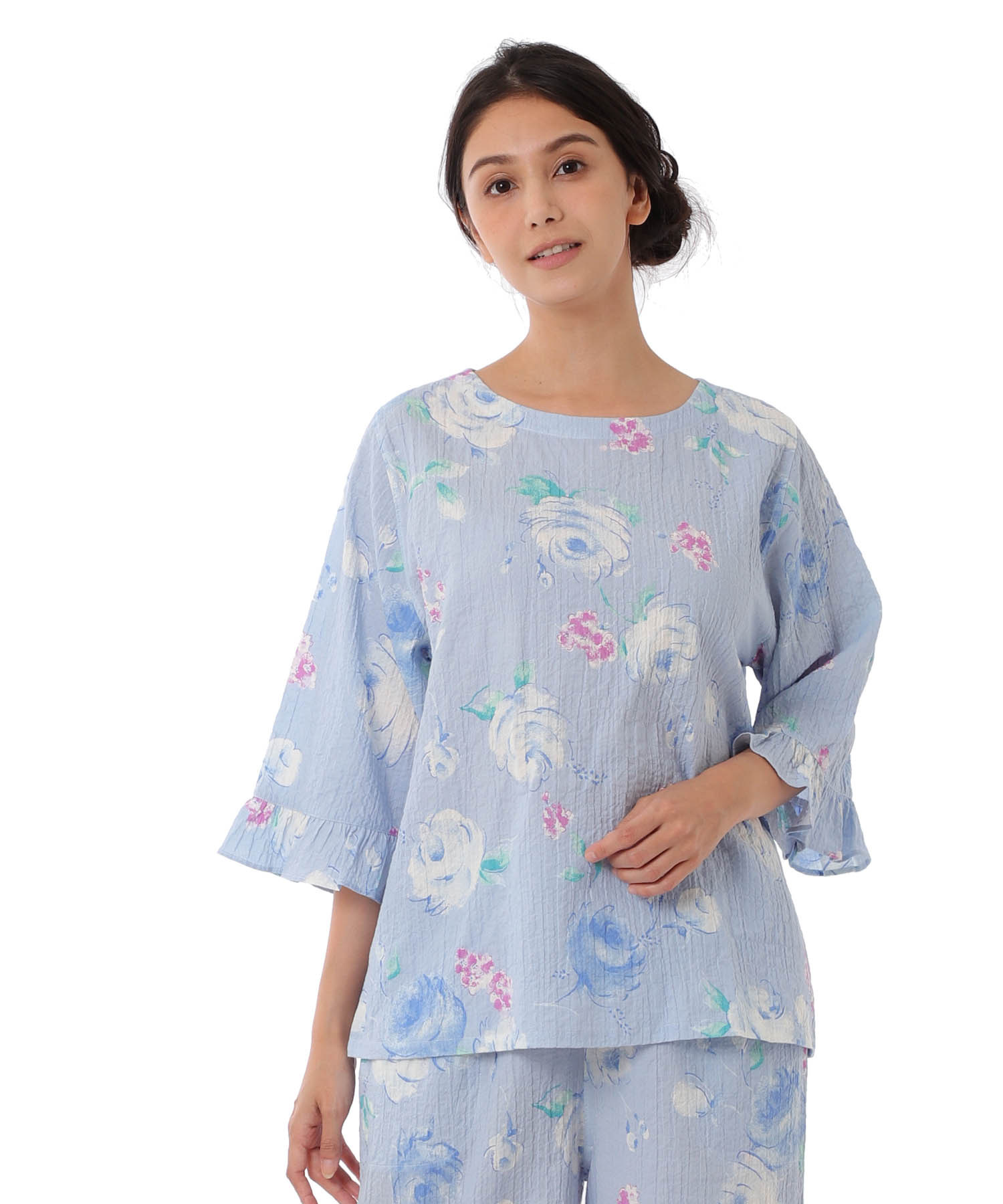 シャーリングボイルローズセットアップ_パジャマ&ルームウェア-セットアップ_ブルー_0