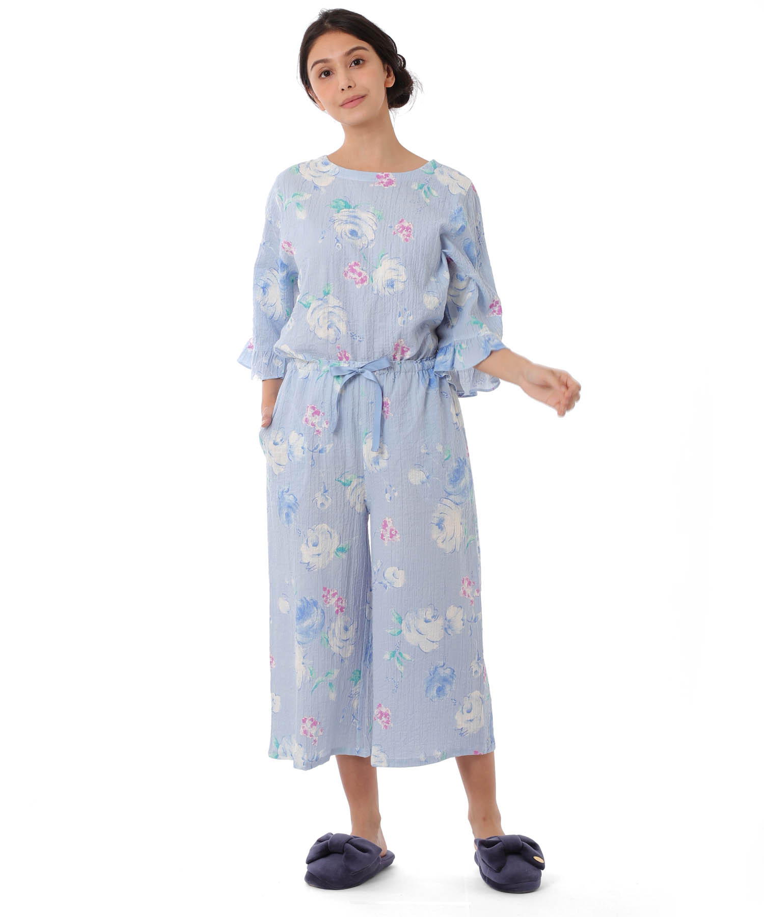 シャーリングボイルローズセットアップ_パジャマ&ルームウェア-セットアップ_ブルー_3