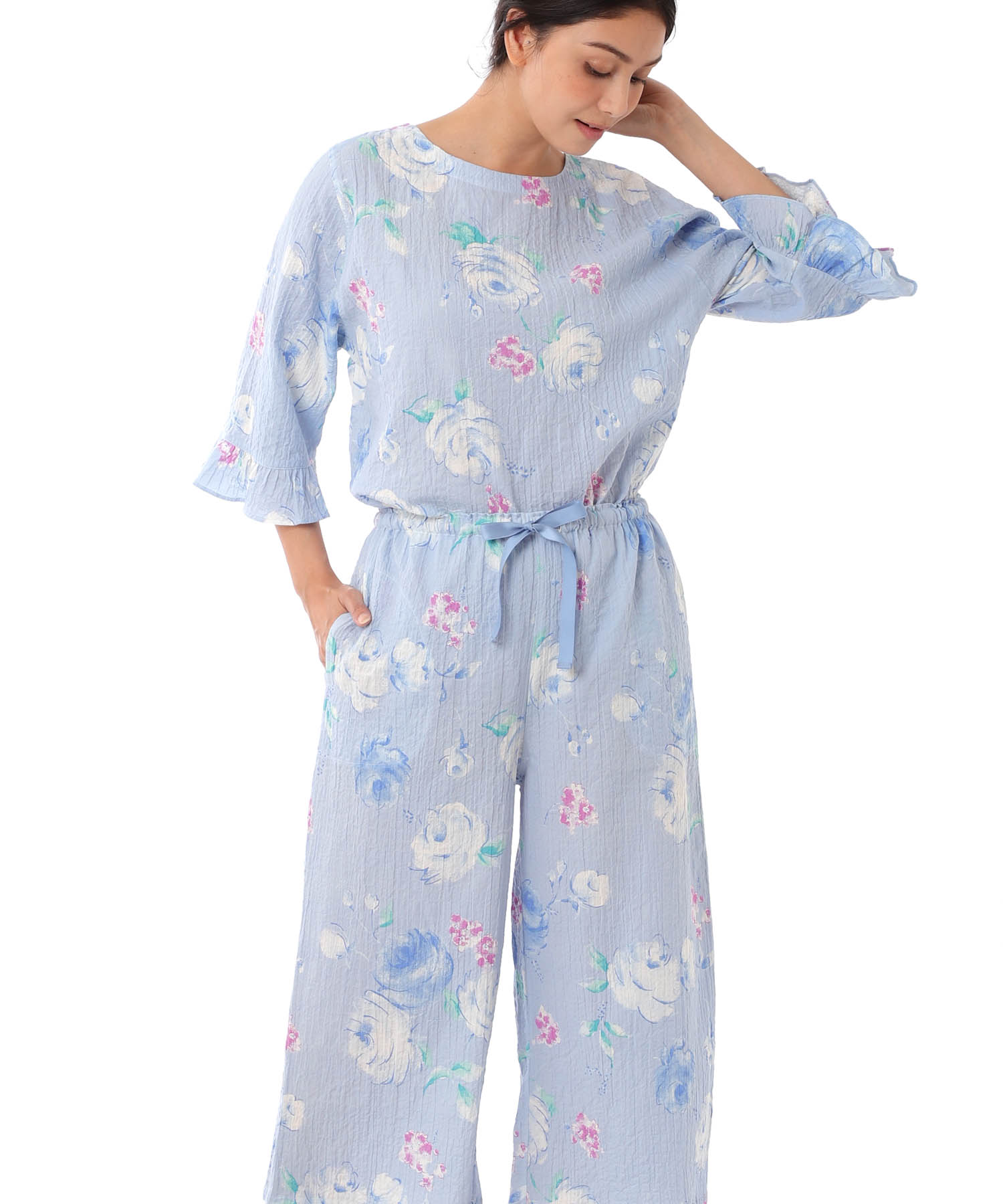 シャーリングボイルローズセットアップ_パジャマ&ルームウェア-セットアップ_ブルー_4