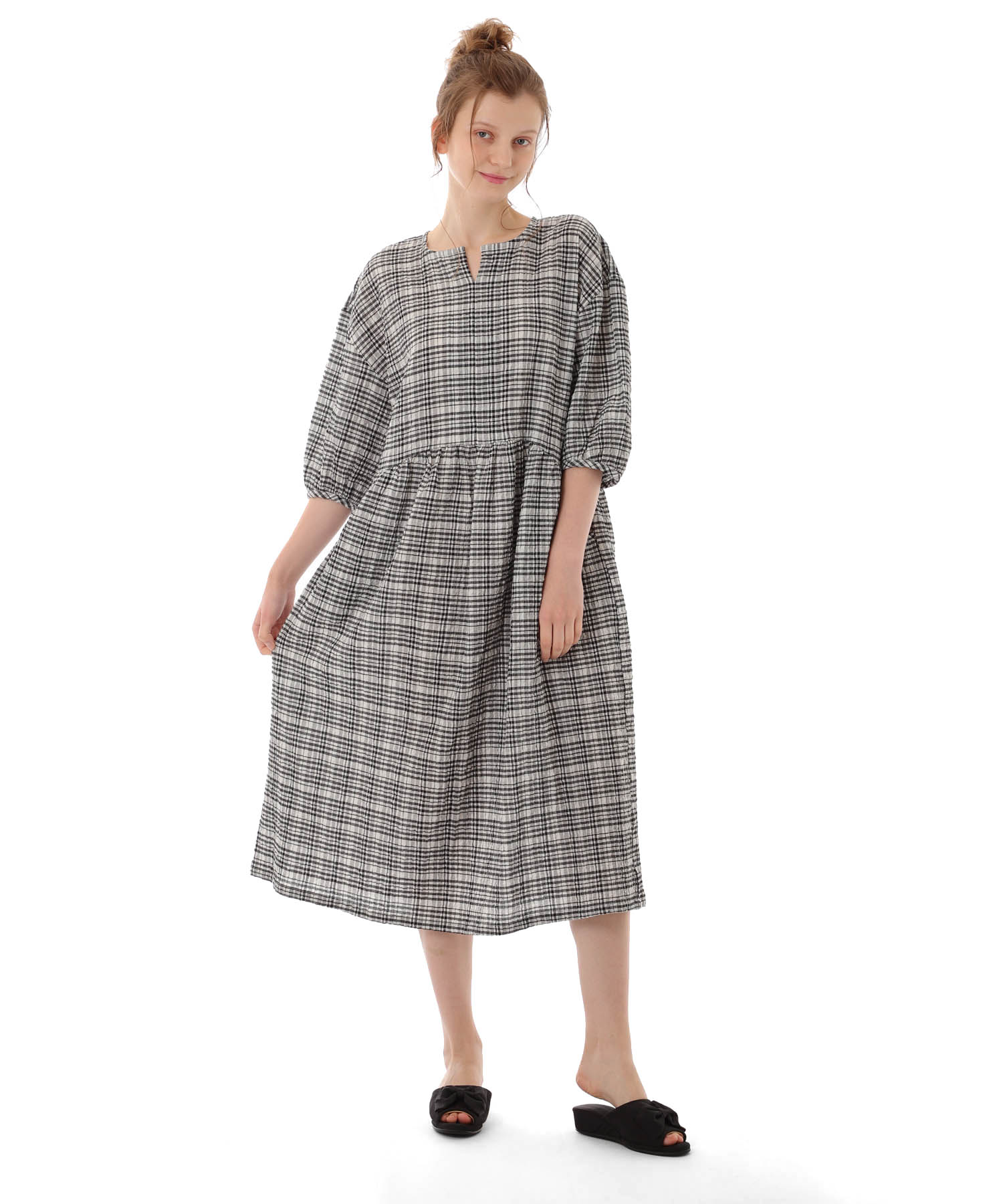 コットンクリンクルワンピース_パジャマ&ルームウェア-ワンピース・ネグリジェ_ブラック_0