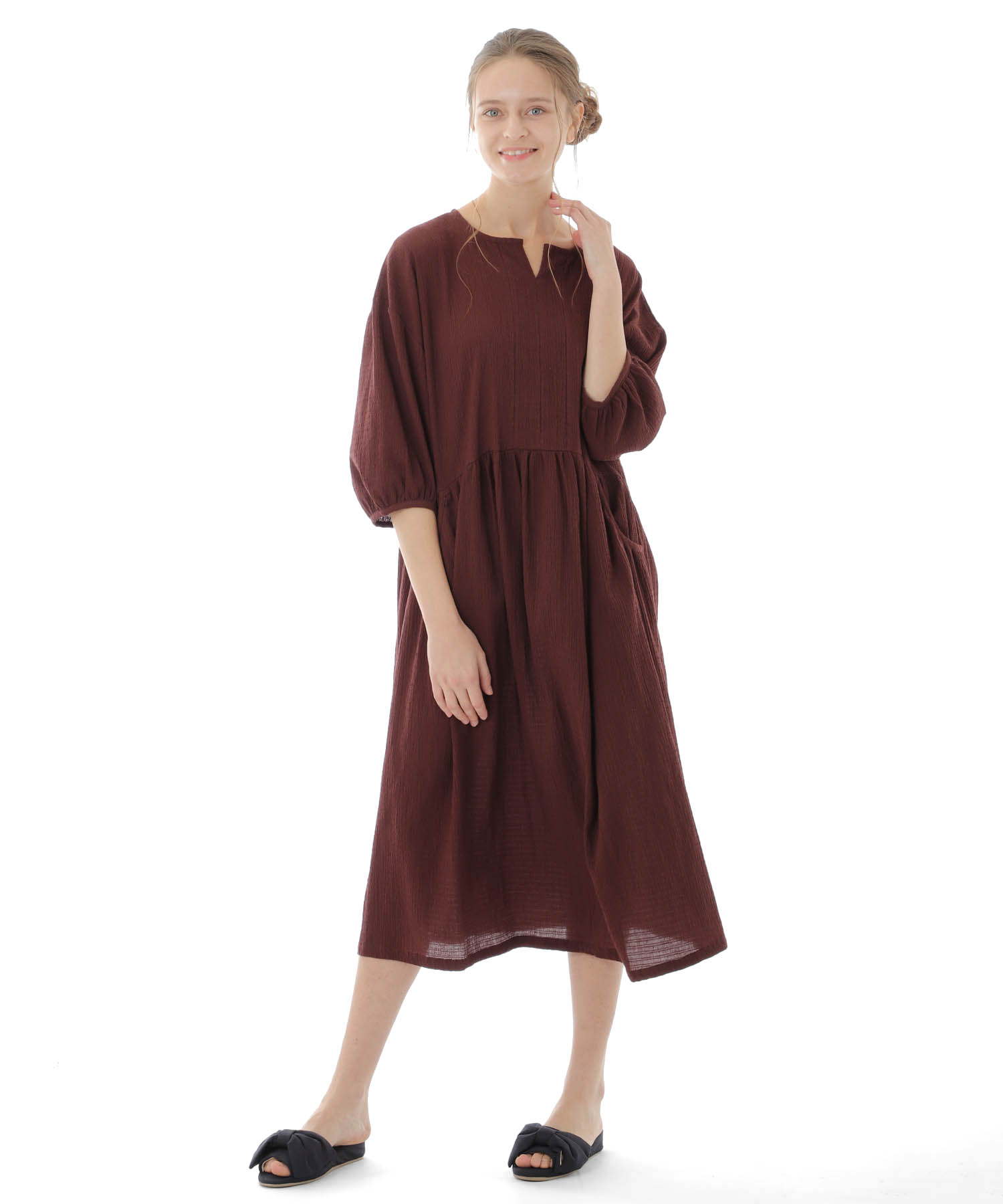 コットンクリンクルワンピース_パジャマ&ルームウェア-ワンピース・ネグリジェ_ブラウン_1