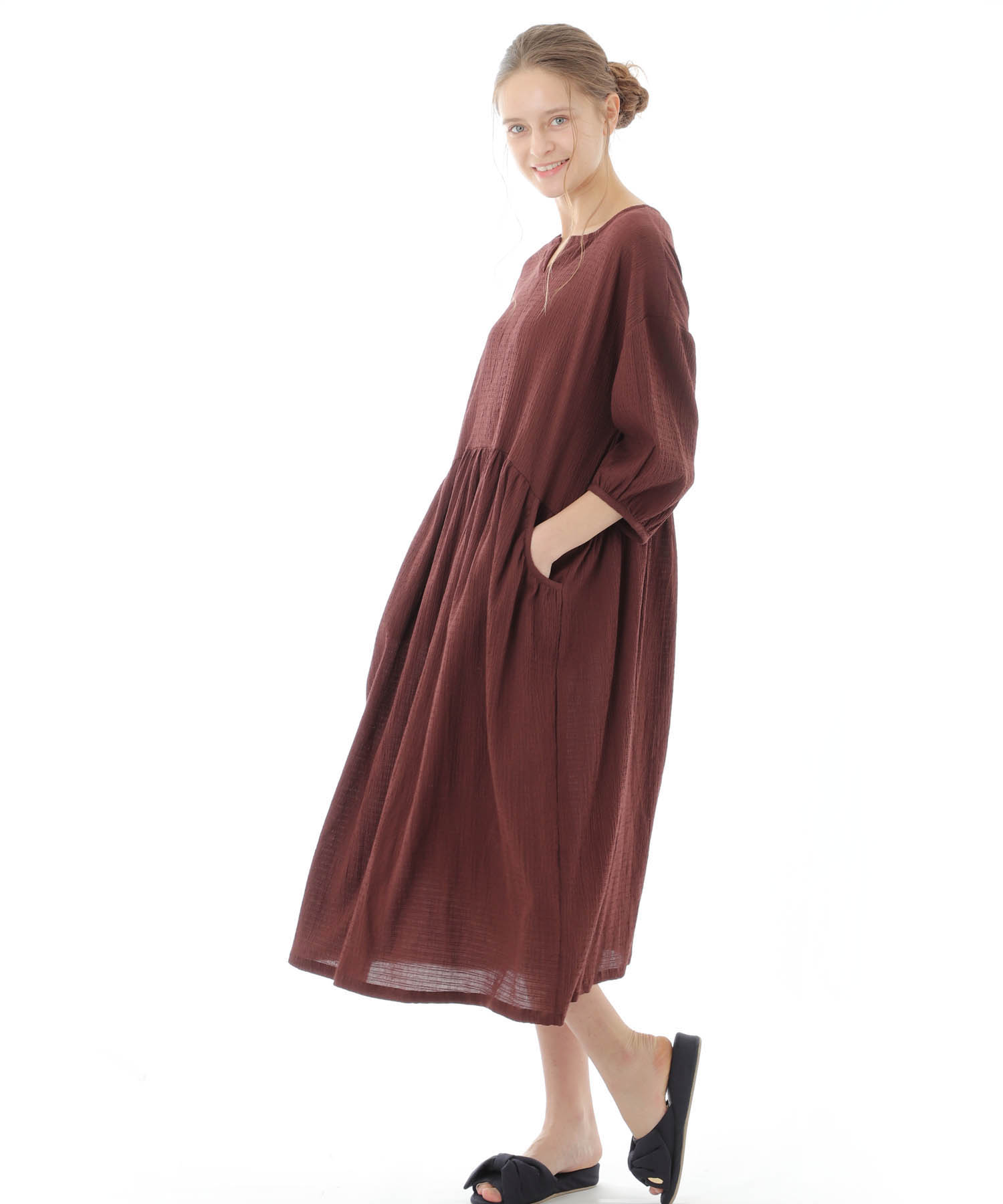 コットンクリンクルワンピース_パジャマ&ルームウェア-ワンピース・ネグリジェ_ブラウン_2