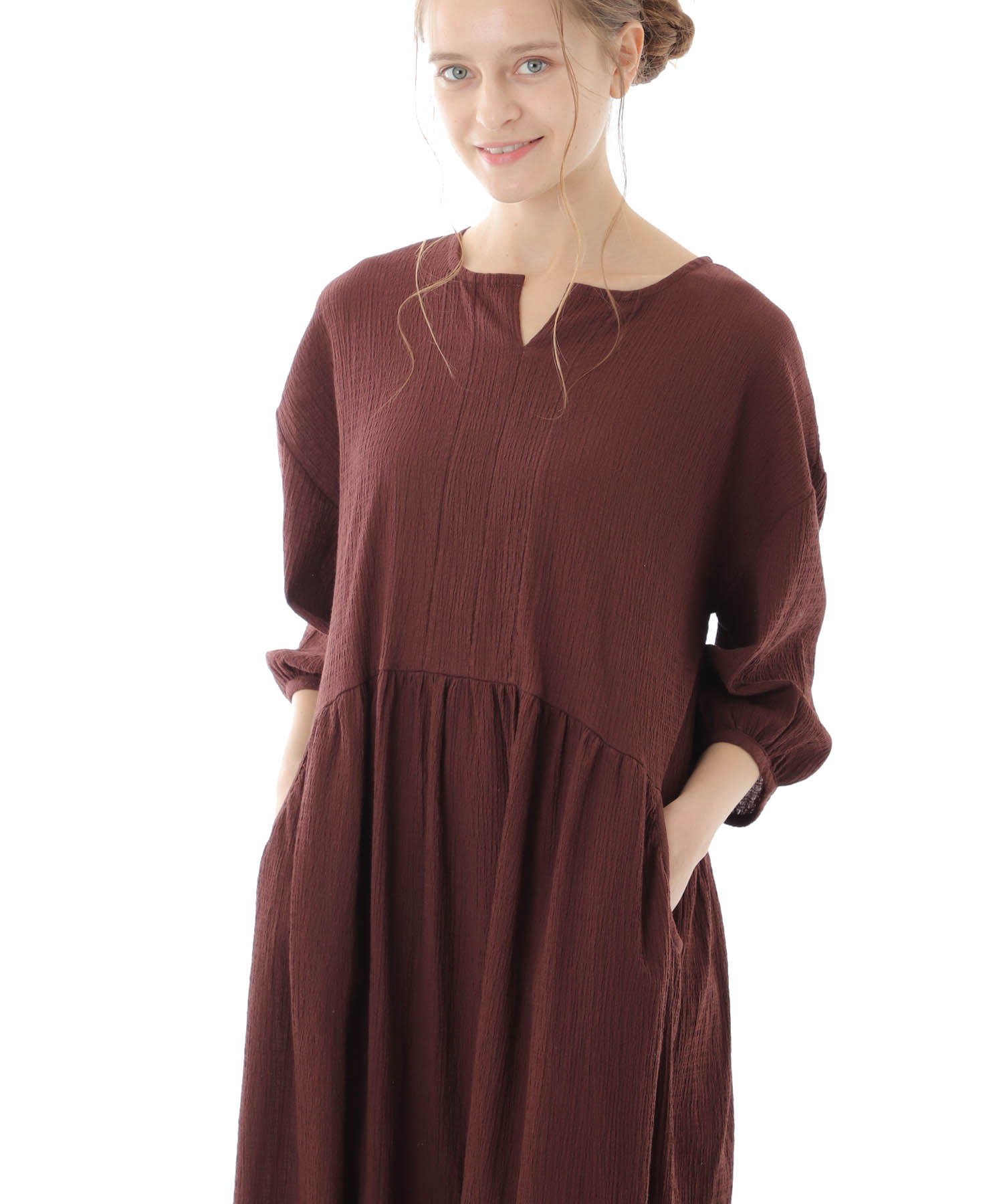 コットンクリンクルワンピース_パジャマ&ルームウェア-ワンピース・ネグリジェ_ブラウン_3