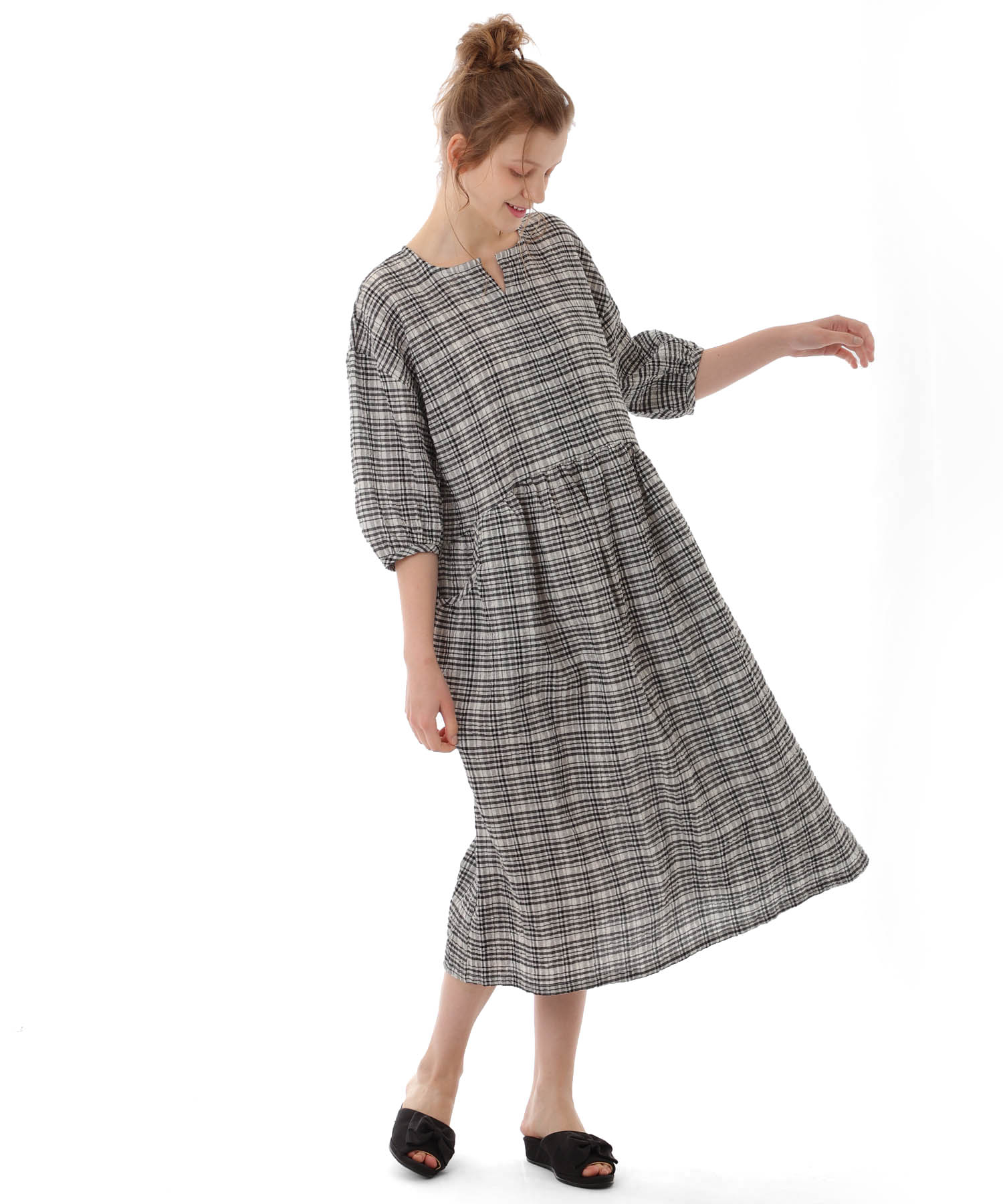 コットンクリンクルワンピース_パジャマ&ルームウェア-ワンピース・ネグリジェ_ブラック_1