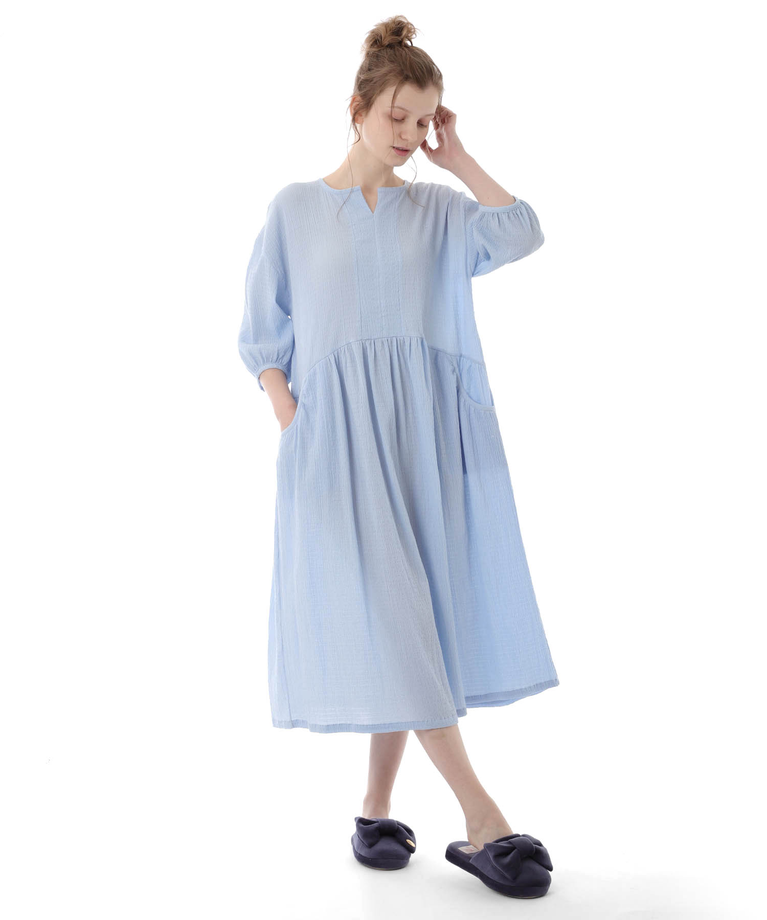 コットンクリンクルワンピース_パジャマ&ルームウェア-ワンピース・ネグリジェ_ブルー_0