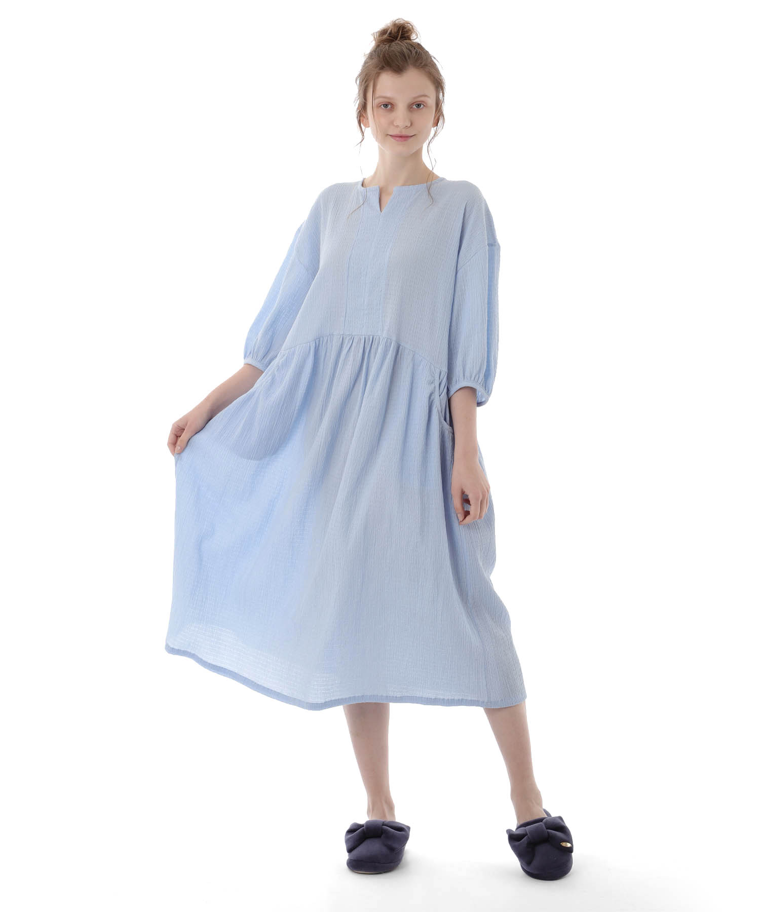 コットンクリンクルワンピース_パジャマ&ルームウェア-ワンピース・ネグリジェ_ブルー_2
