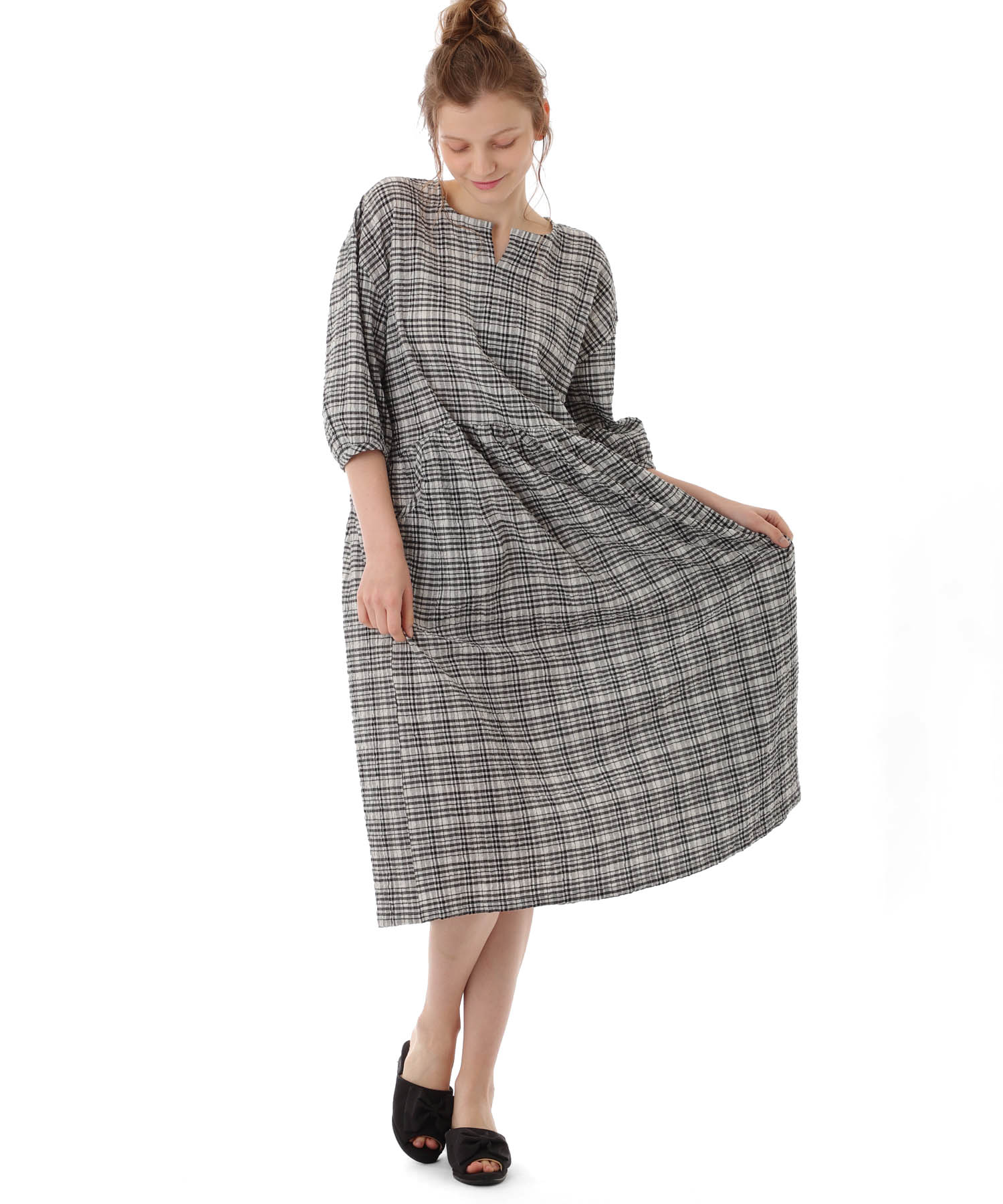 コットンクリンクルワンピース_パジャマ&ルームウェア-ワンピース・ネグリジェ_ブラック_2