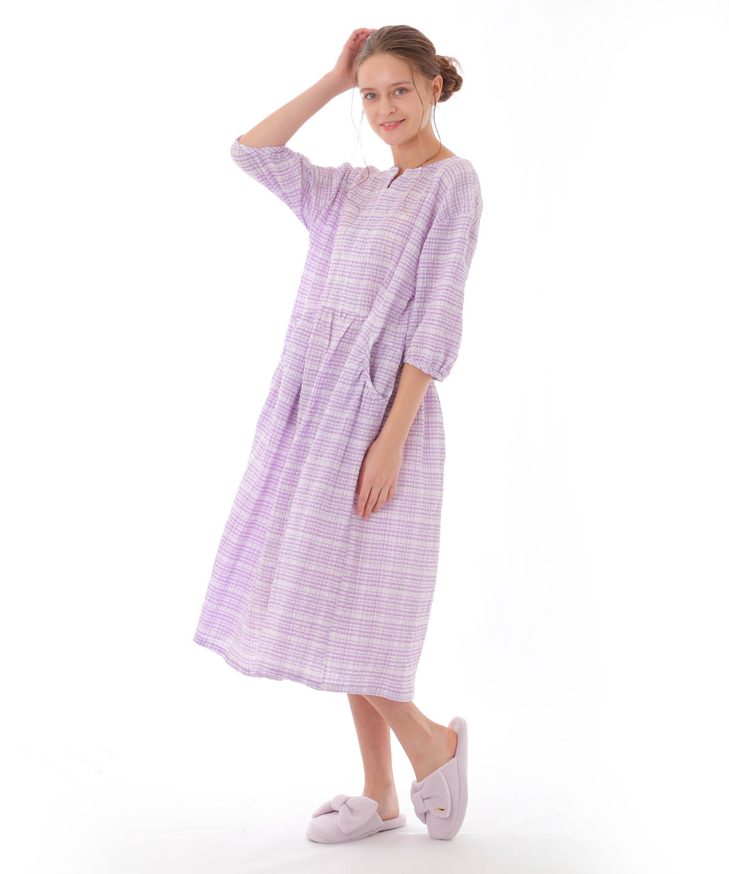 コットンクリンクルワンピース_パジャマ&ルームウェア-ワンピース・ネグリジェ_パープル_1