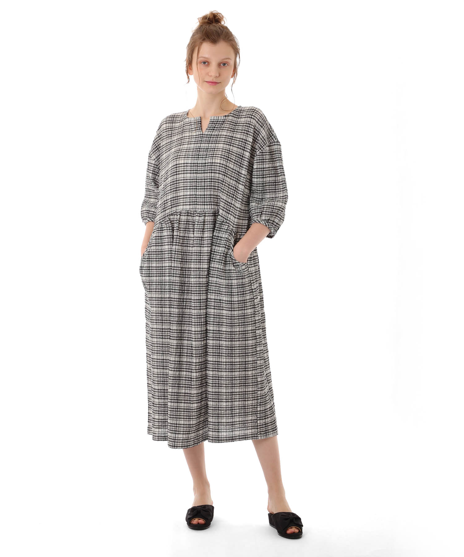 コットンクリンクルワンピース_パジャマ&ルームウェア-ワンピース・ネグリジェ_ブラック_3