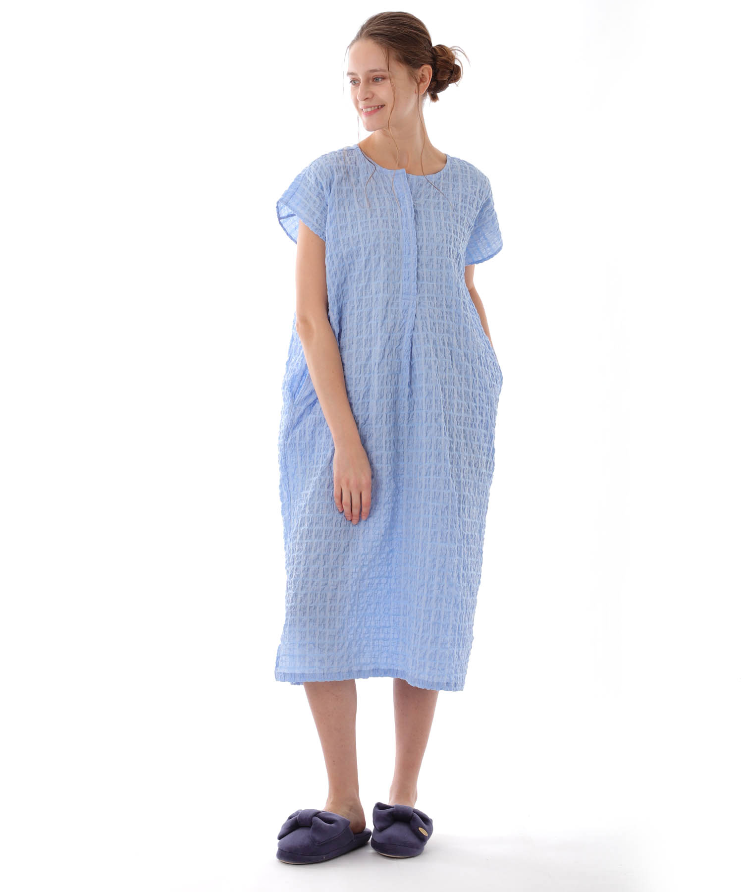 変わり織りシャーリングワンピース_パジャマ&ルームウェア-ワンピース・ネグリジェ_ブルー_0