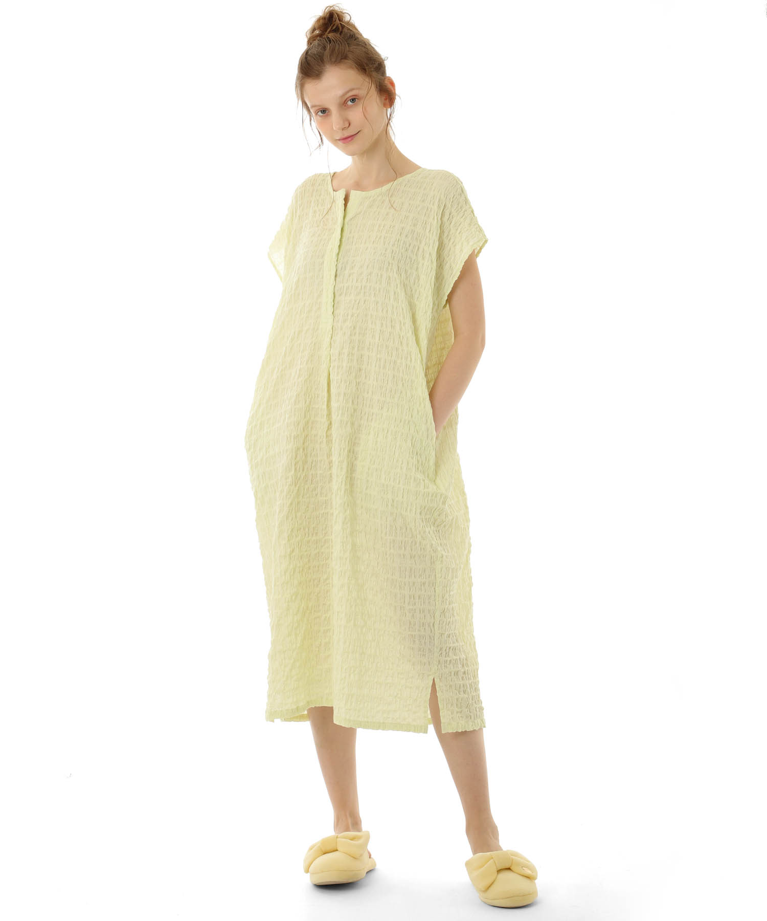 変わり織りシャーリングワンピース_パジャマ&ルームウェア-ワンピース・ネグリジェ_グリーン_0