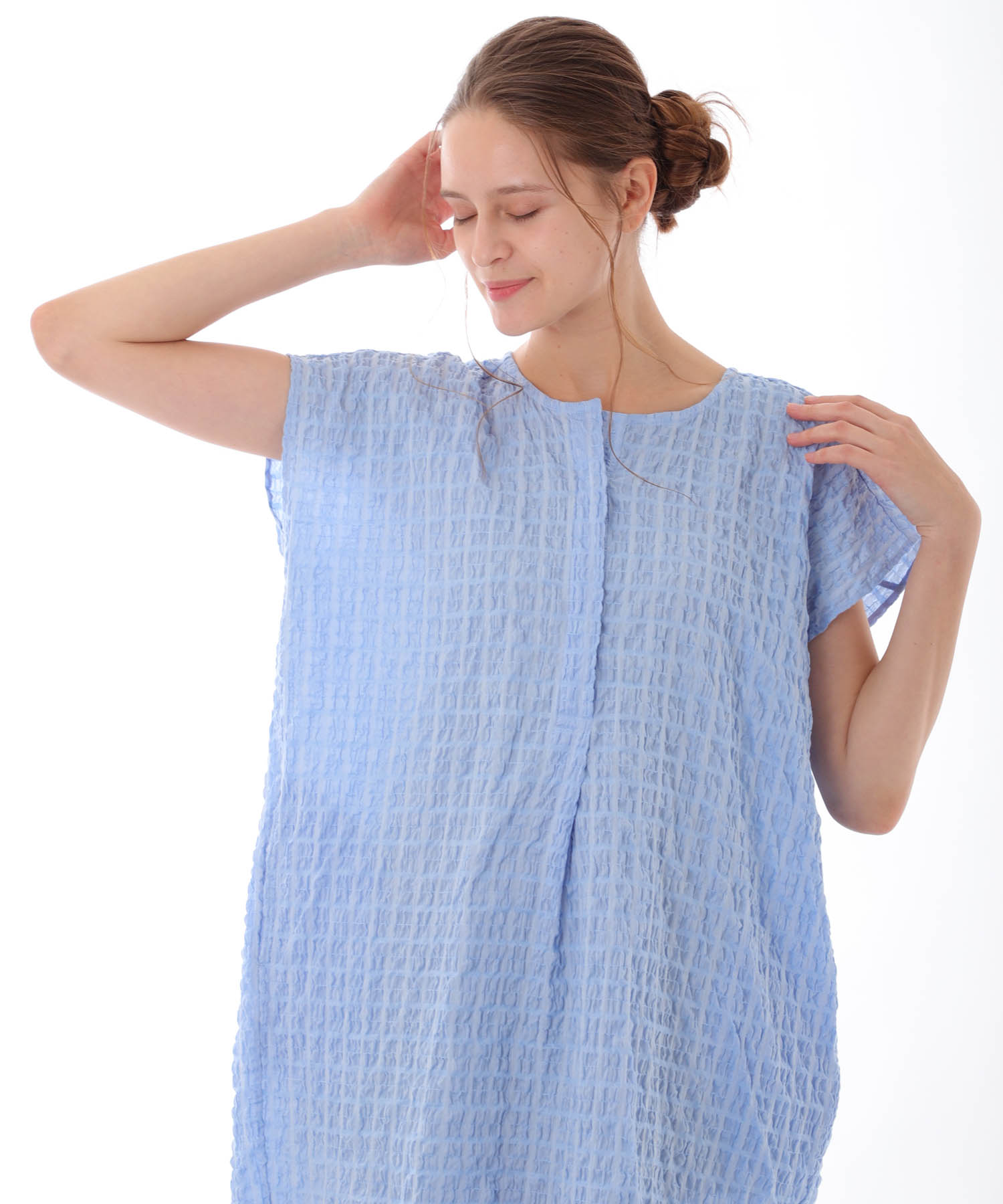 変わり織りシャーリングワンピース_パジャマ&ルームウェア-ワンピース・ネグリジェ_ブルー_3