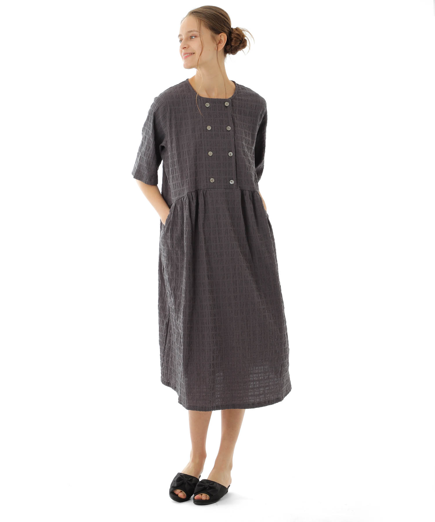 変わり織りシャーリングダブルボタン_パジャマ&ルームウェア-セットアップ_グレー_0