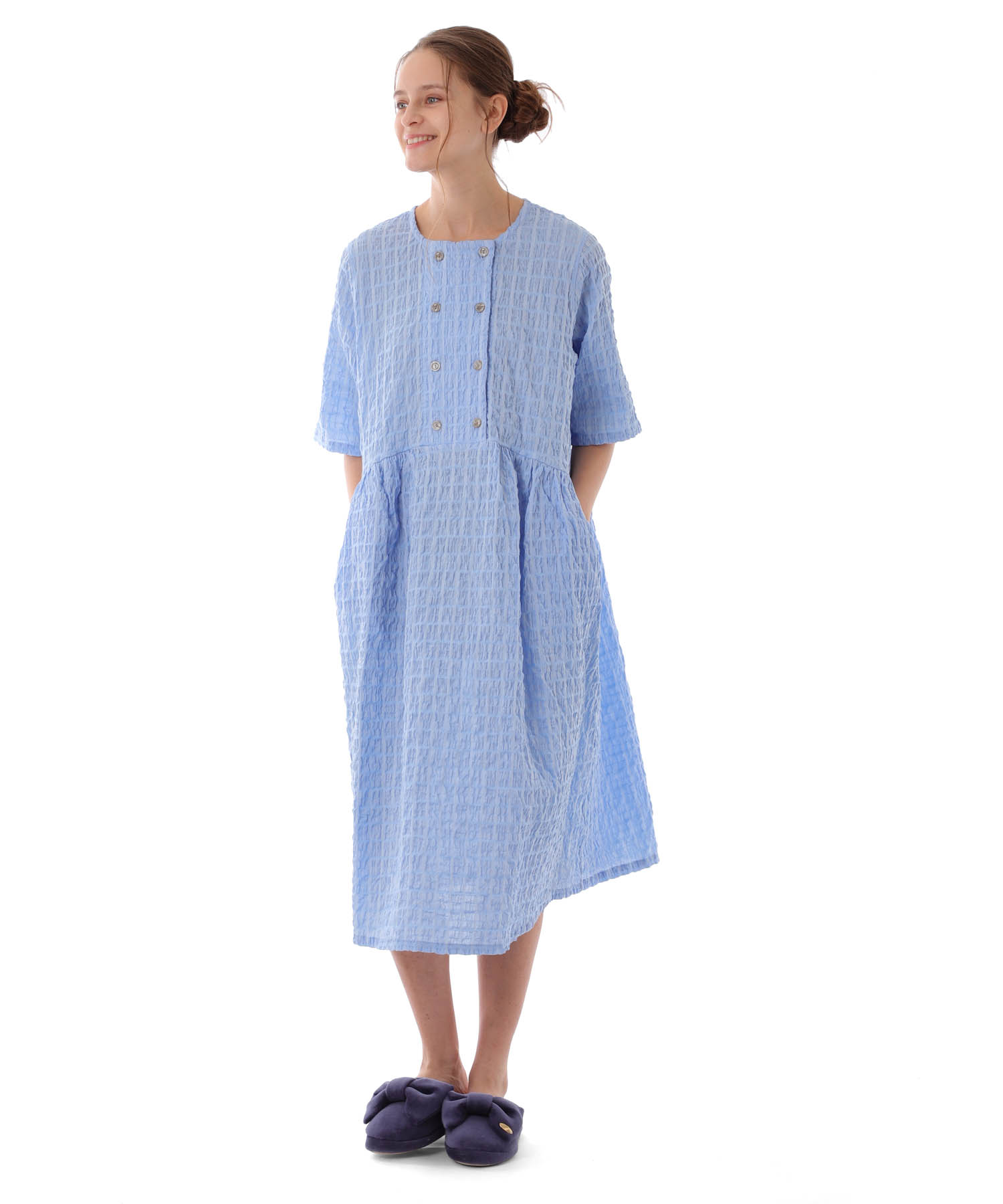 変わり織りシャーリングダブルボタン_パジャマ&ルームウェア-セットアップ_ブルー_0