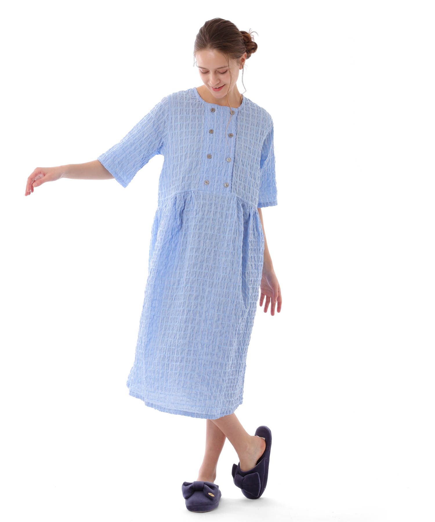 変わり織りシャーリングダブルボタン_パジャマ&ルームウェア-セットアップ_ブルー_1