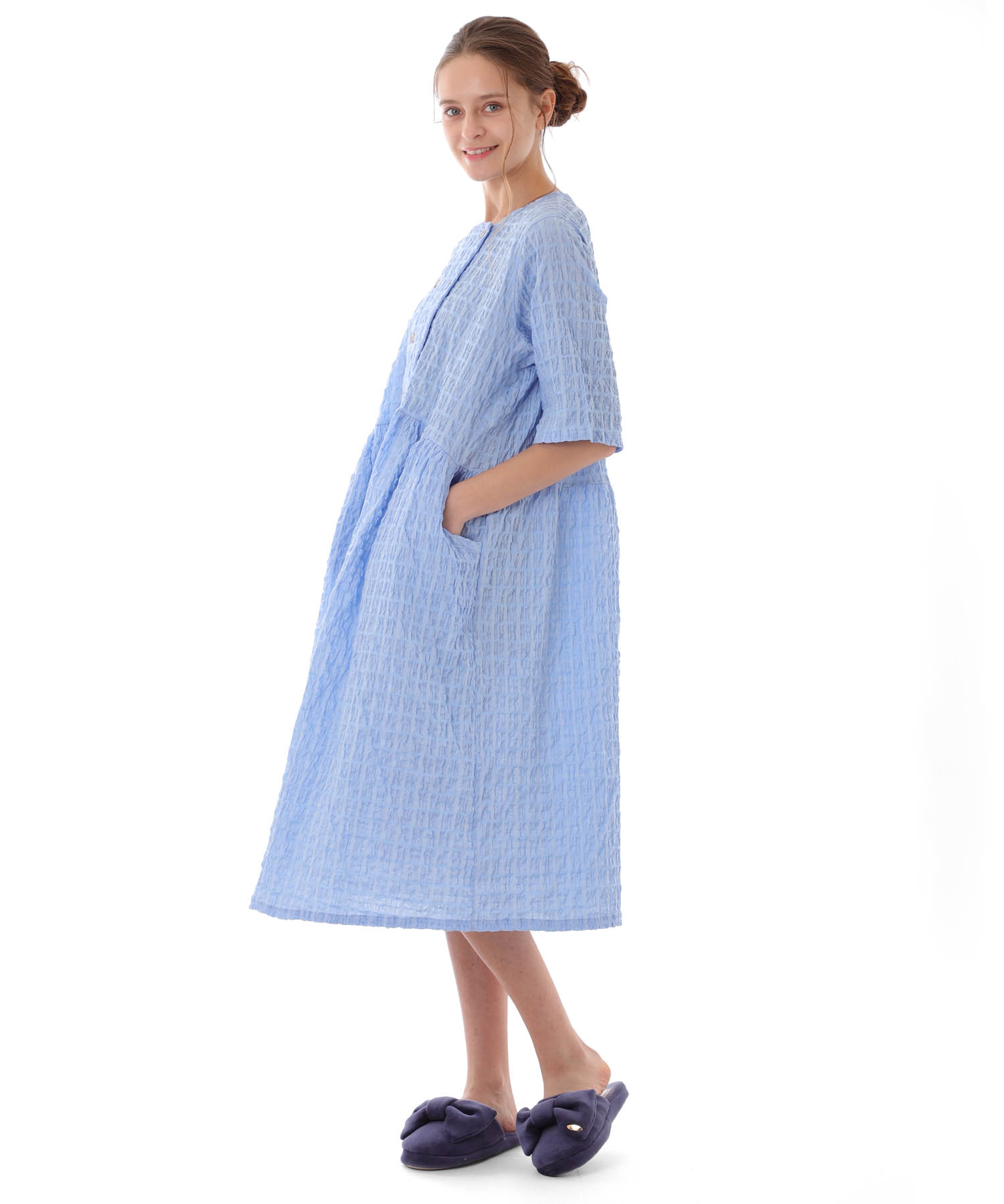 変わり織りシャーリングダブルボタン_パジャマ&ルームウェア-セットアップ_ブルー_2