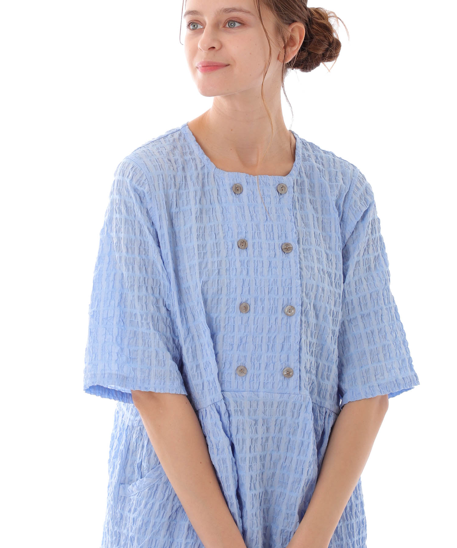 変わり織りシャーリングダブルボタン_パジャマ&ルームウェア-セットアップ_ブルー_4