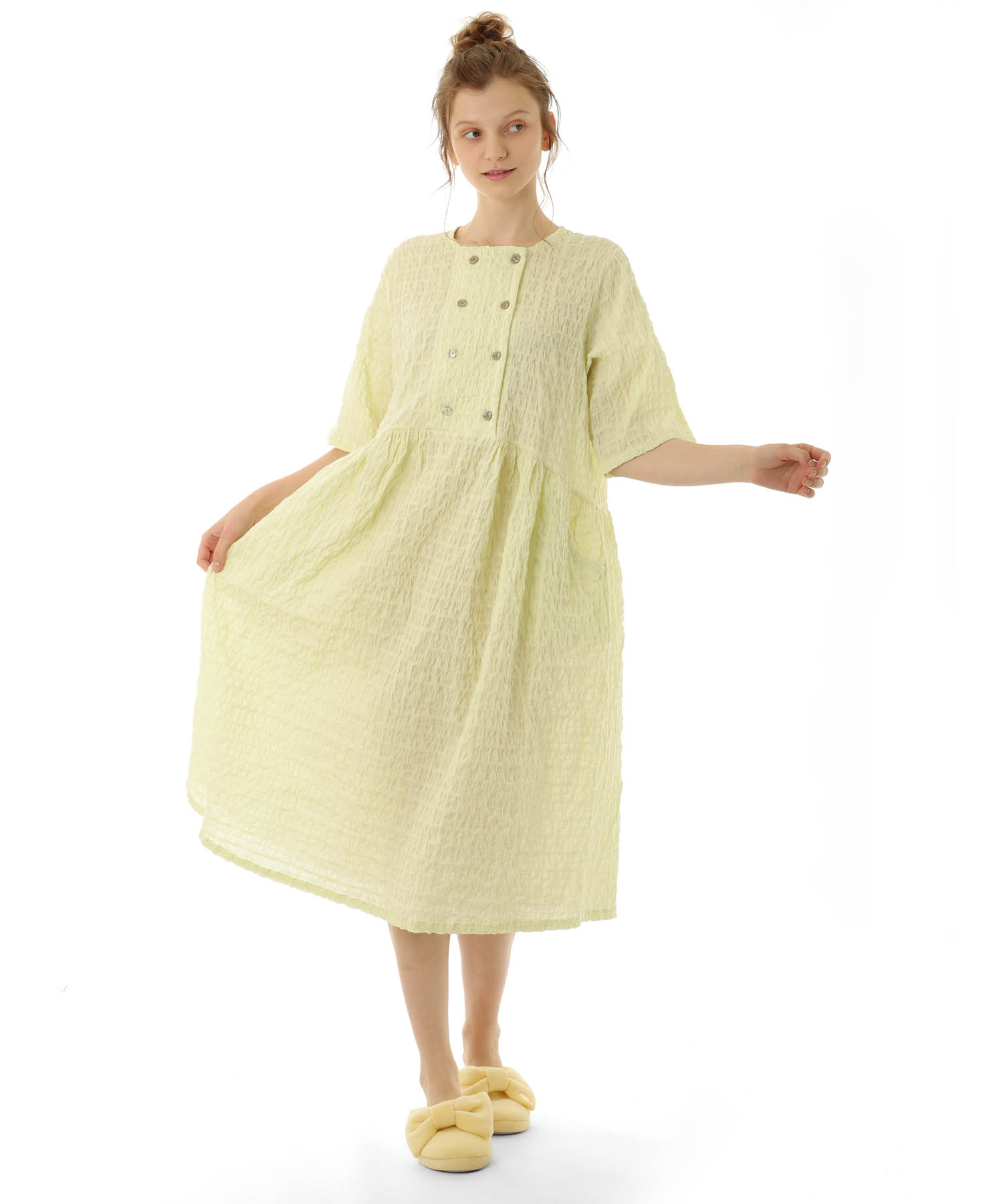 変わり織りシャーリングダブルボタン_パジャマ&ルームウェア-セットアップ_グリーン_2