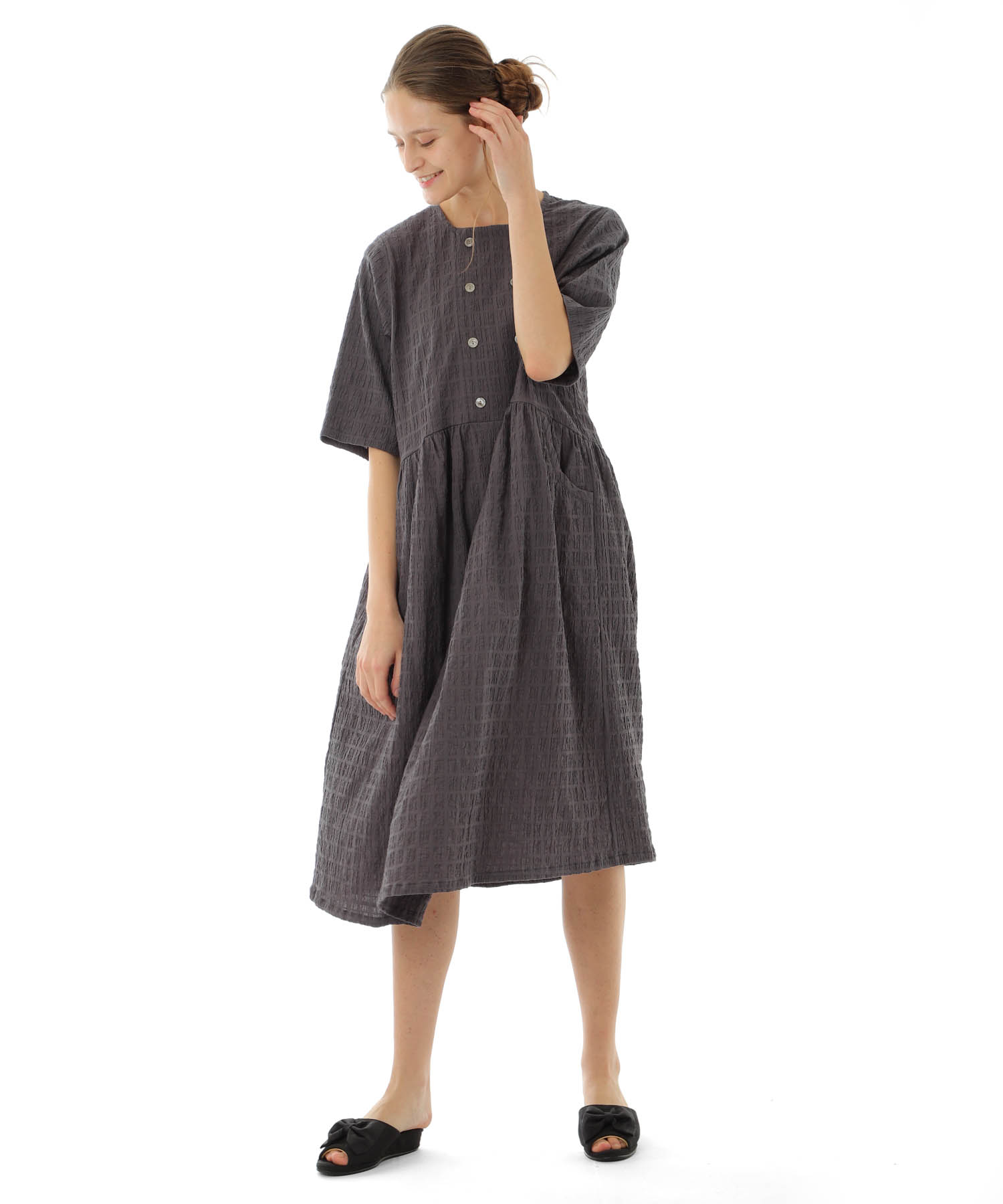 変わり織りシャーリングダブルボタン_パジャマ&ルームウェア-セットアップ_グレー_1