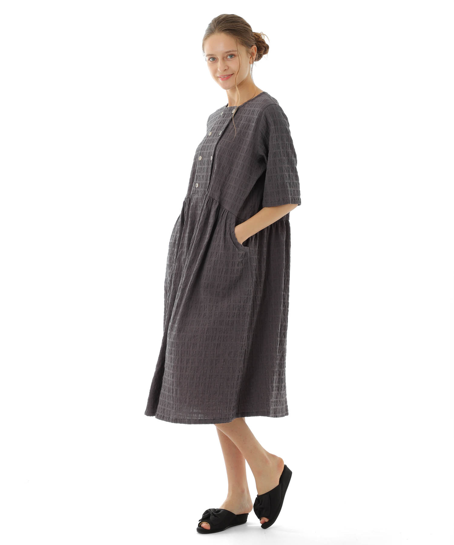 変わり織りシャーリングダブルボタン_パジャマ&ルームウェア-セットアップ_グレー_2