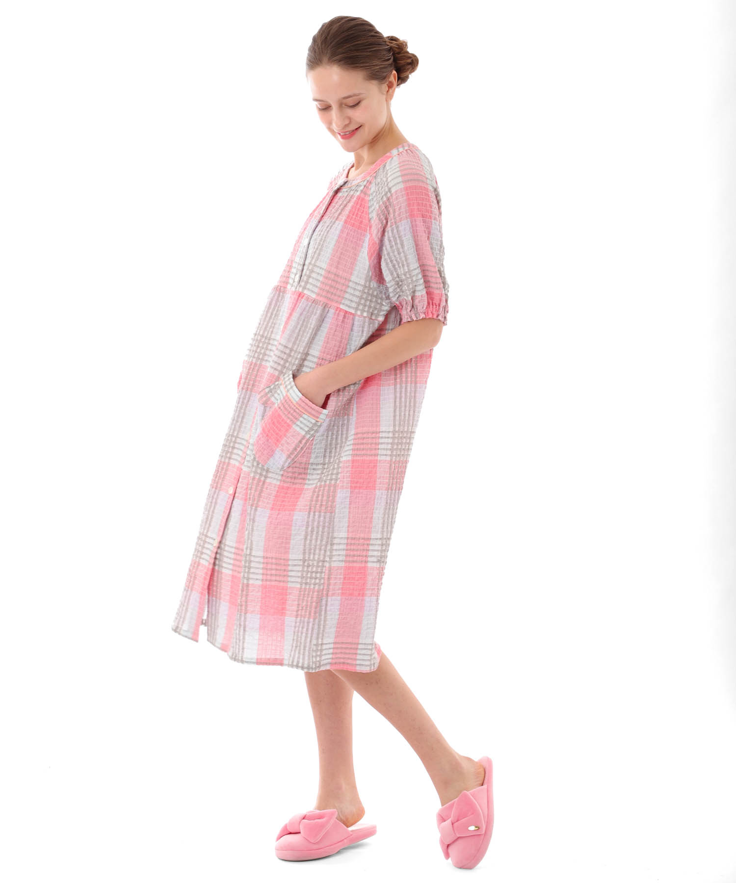 シャーリングマドラスチェックワンピース_パジャマ&ルームウェア-ワンピース・ネグリジェ_オレンジ_1