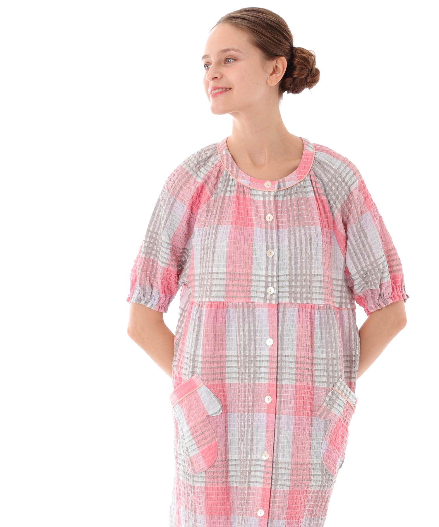 シャーリングマドラスチェックワンピース_パジャマ&ルームウェア-ワンピース・ネグリジェ_オレンジ_2