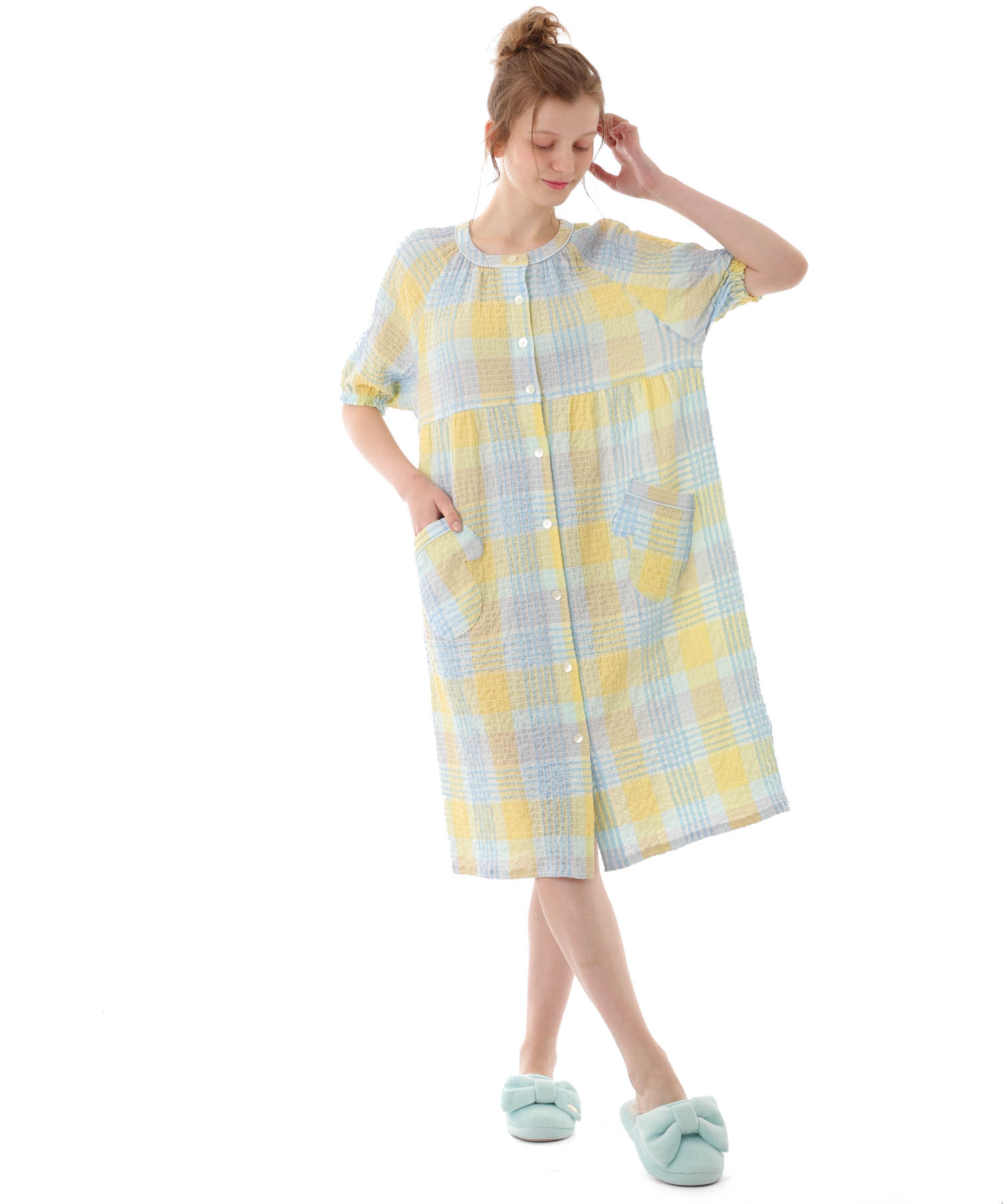 シャーリングマドラスチェックワンピース_パジャマ&ルームウェア-ワンピース・ネグリジェ_イエロー_1