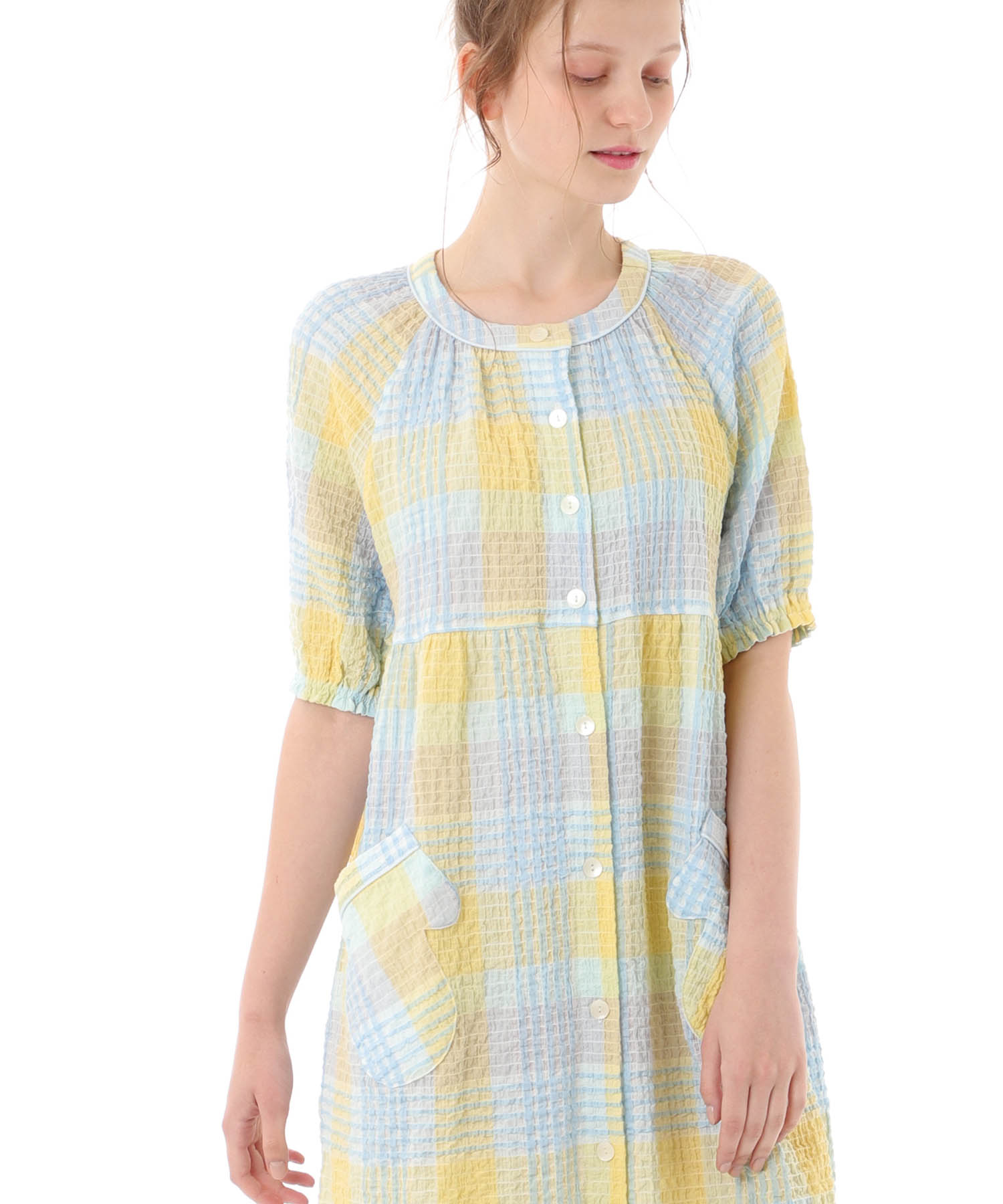 シャーリングマドラスチェックワンピース_パジャマ&ルームウェア-ワンピース・ネグリジェ_イエロー_2