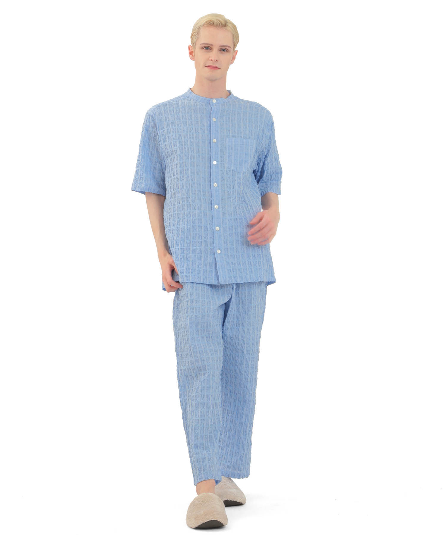 変わり織りシャーリングメンズパジャマ_パジャマ&ルームウェア-セットアップ_ブルー_0