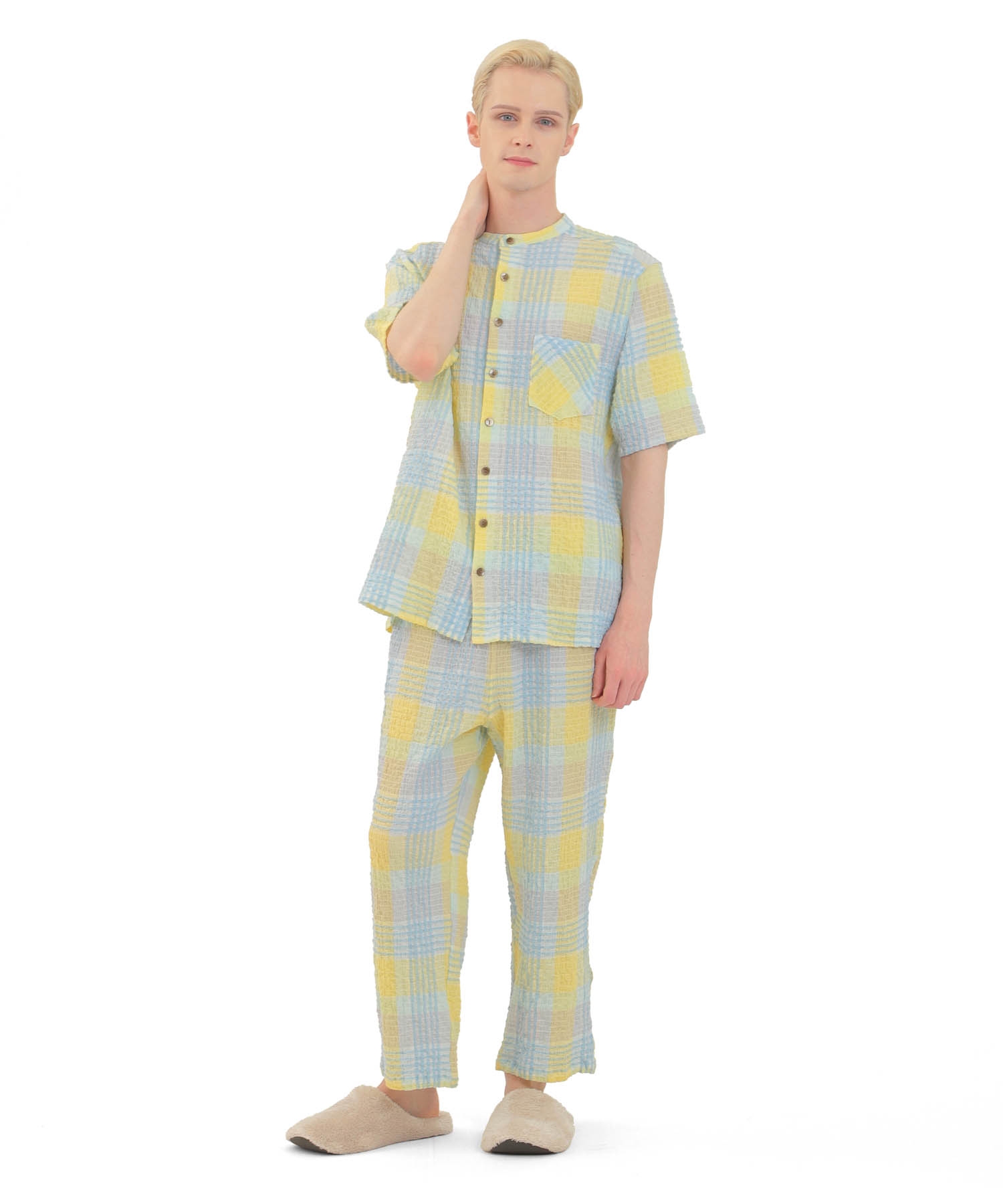 シャーリングマドラスチェックメンズパジャマ_パジャマ&ルームウェア-セットアップ_イエロー_1