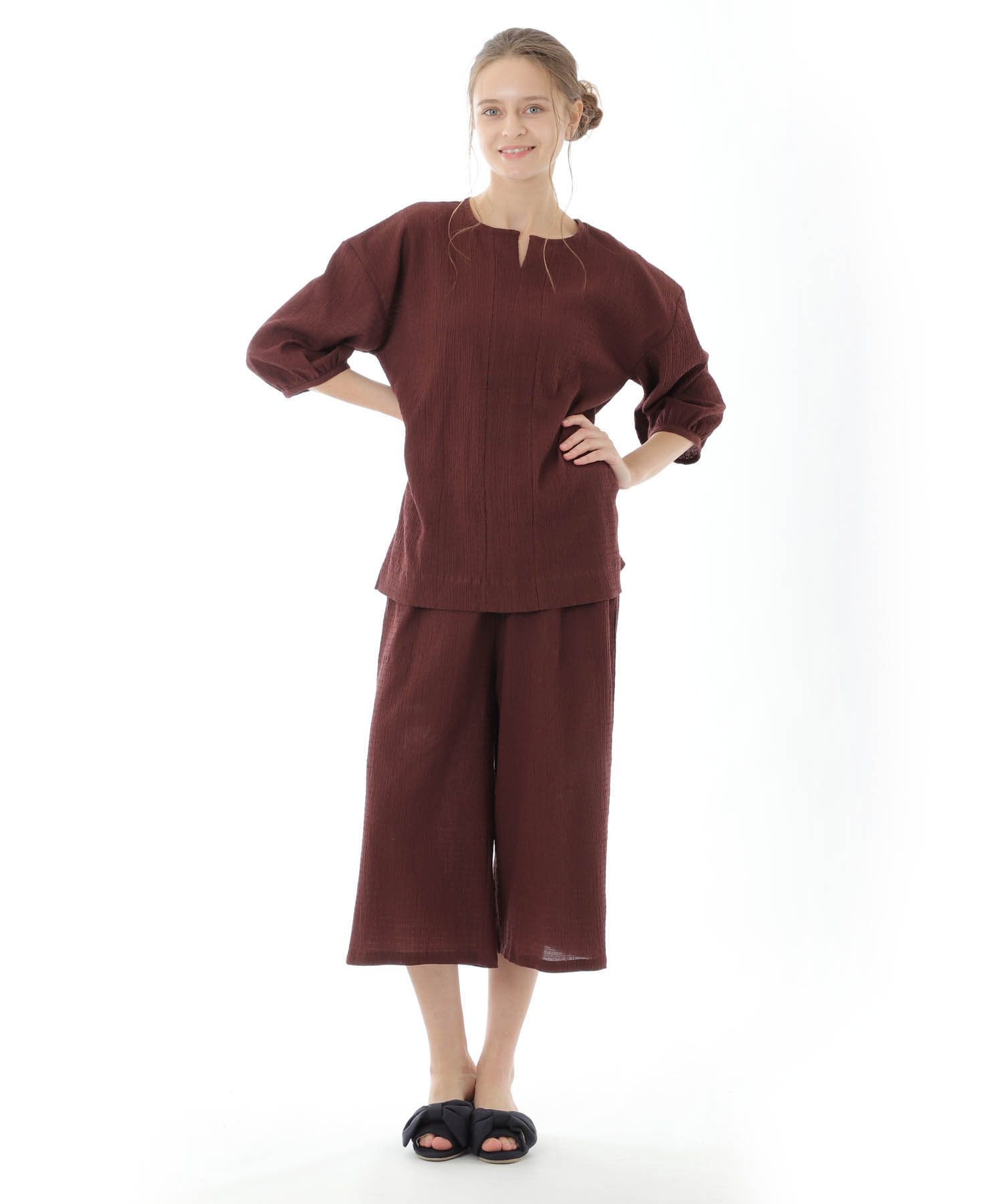 コットンクリンクルセットアップ_パジャマ&ルームウェア-セットアップ_ブラウン_3