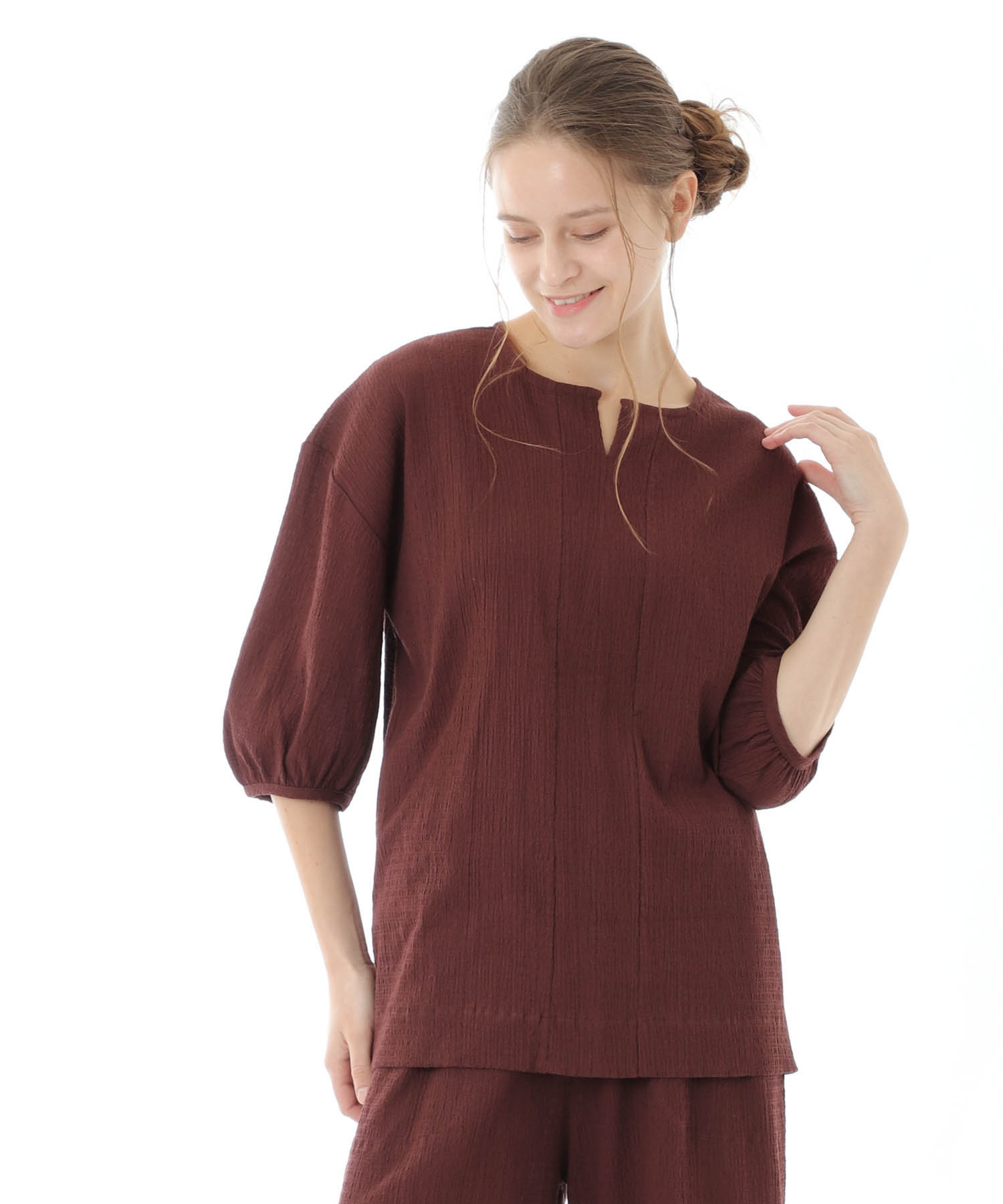 コットンクリンクルセットアップ_パジャマ&ルームウェア-セットアップ_ブラウン_4