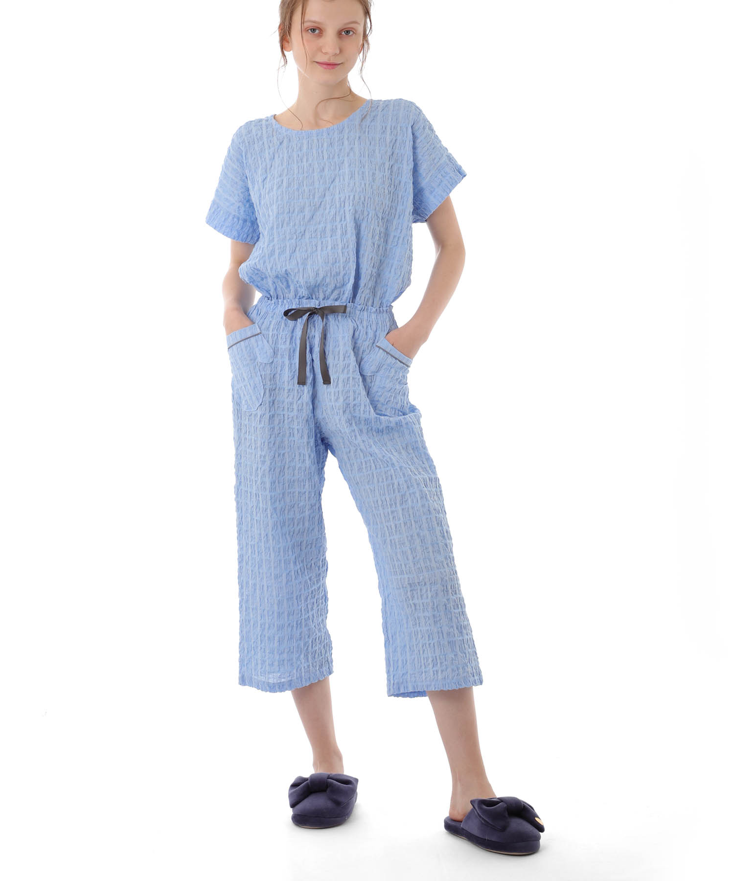変わり織りシャーリングセットアップ_パジャマ&ルームウェア-セットアップ_ブルー_1