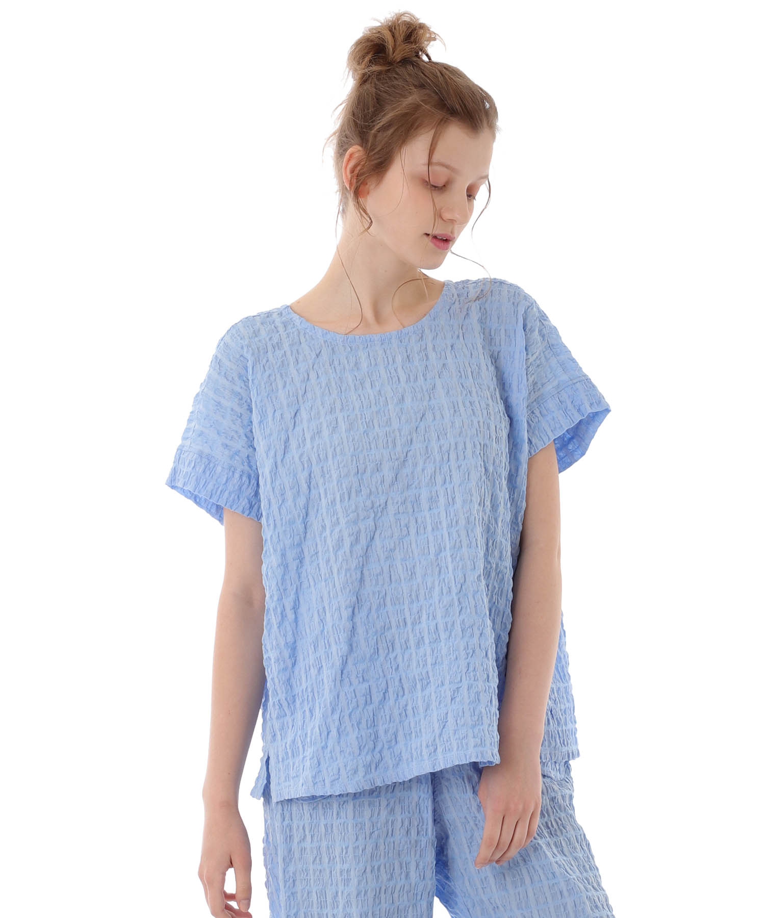 変わり織りシャーリングセットアップ_パジャマ&ルームウェア-セットアップ_ブルー_2