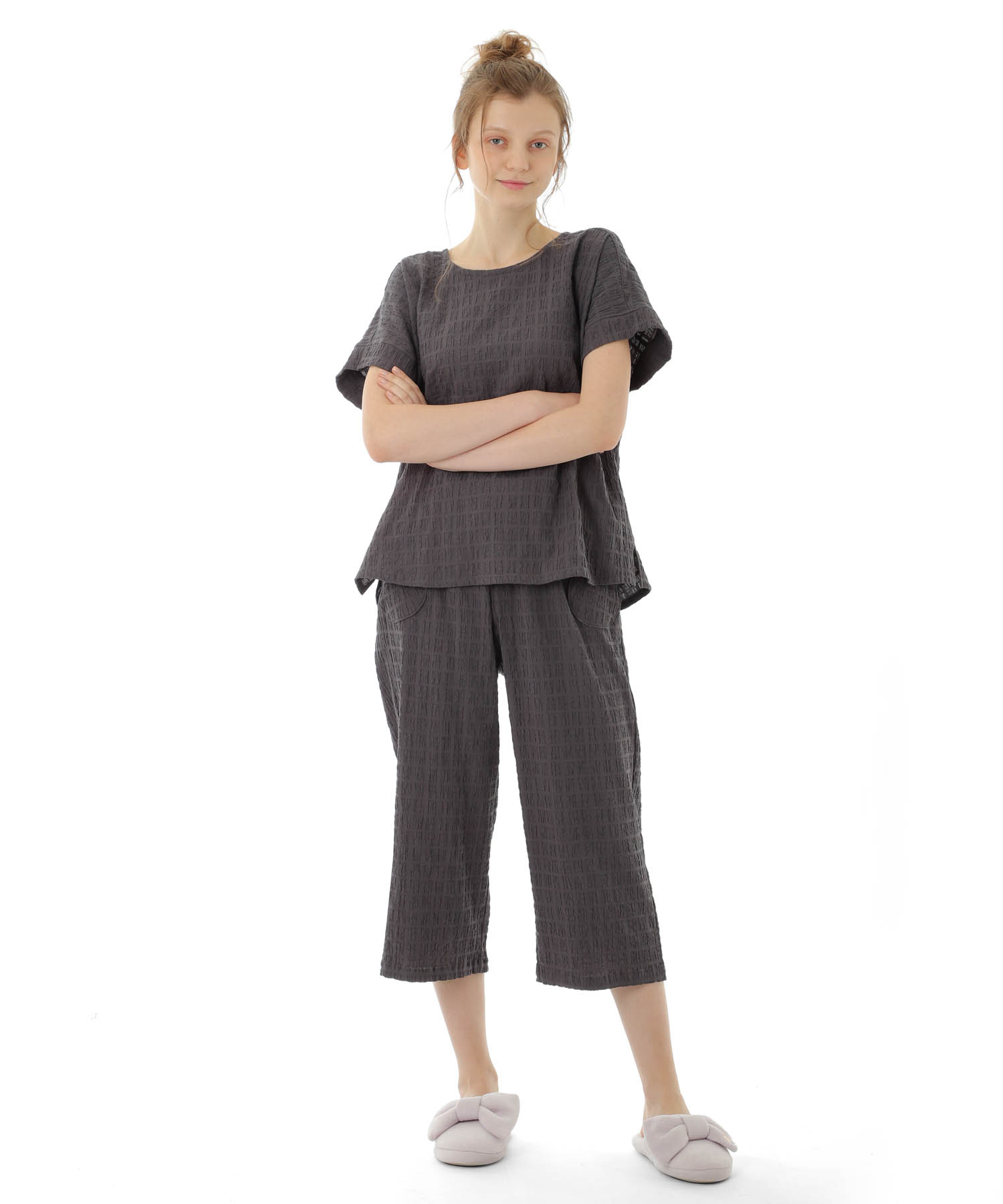 変わり織りシャーリングセットアップ_パジャマ&ルームウェア-セットアップ_グレー_2