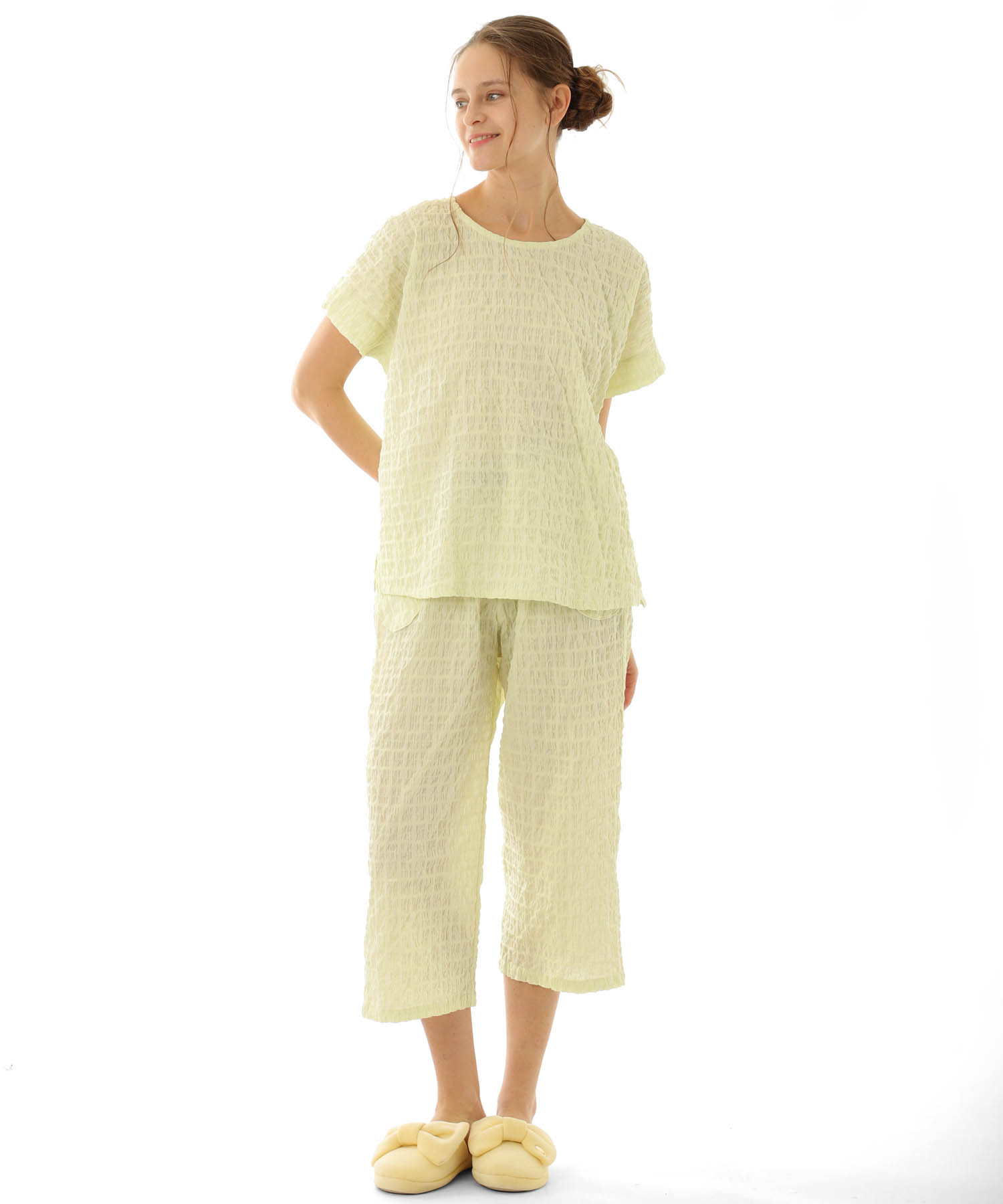 変わり織りシャーリングセットアップ_パジャマ&ルームウェア-セットアップ_グリーン_1