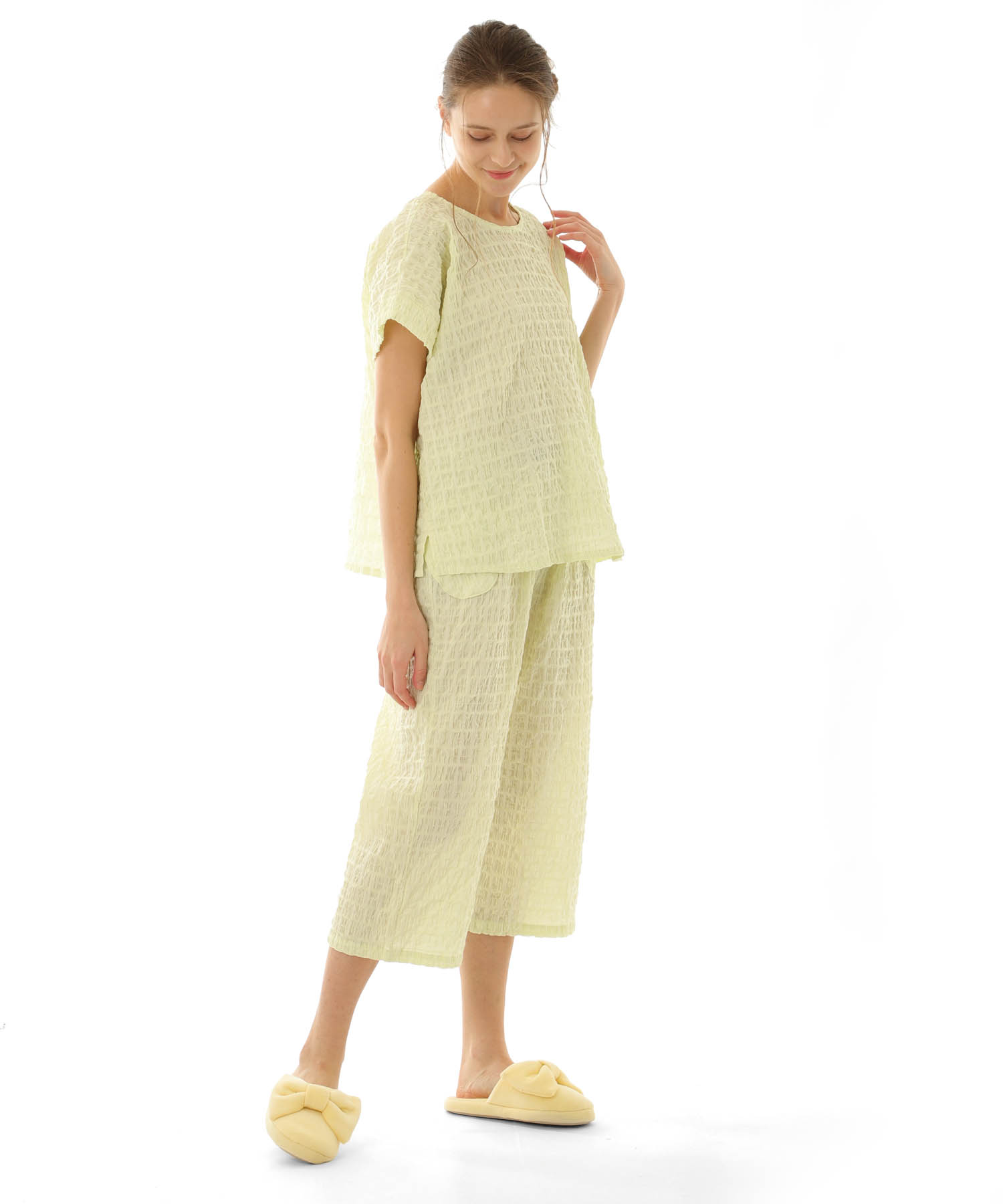 変わり織りシャーリングセットアップ_パジャマ&ルームウェア-セットアップ_グリーン_2