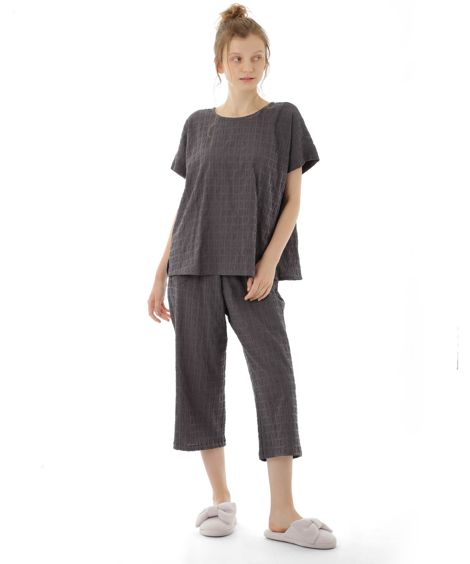 変わり織りシャーリングセットアップ_パジャマ&ルームウェア-セットアップ_グレー_1