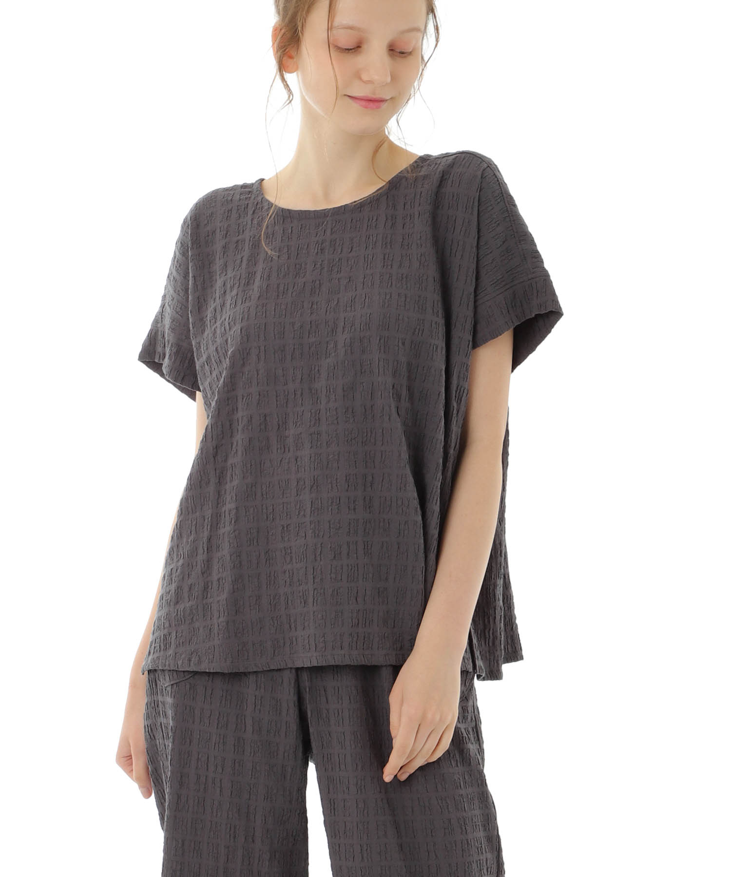 変わり織りシャーリングセットアップ_パジャマ&ルームウェア-セットアップ_グレー_3
