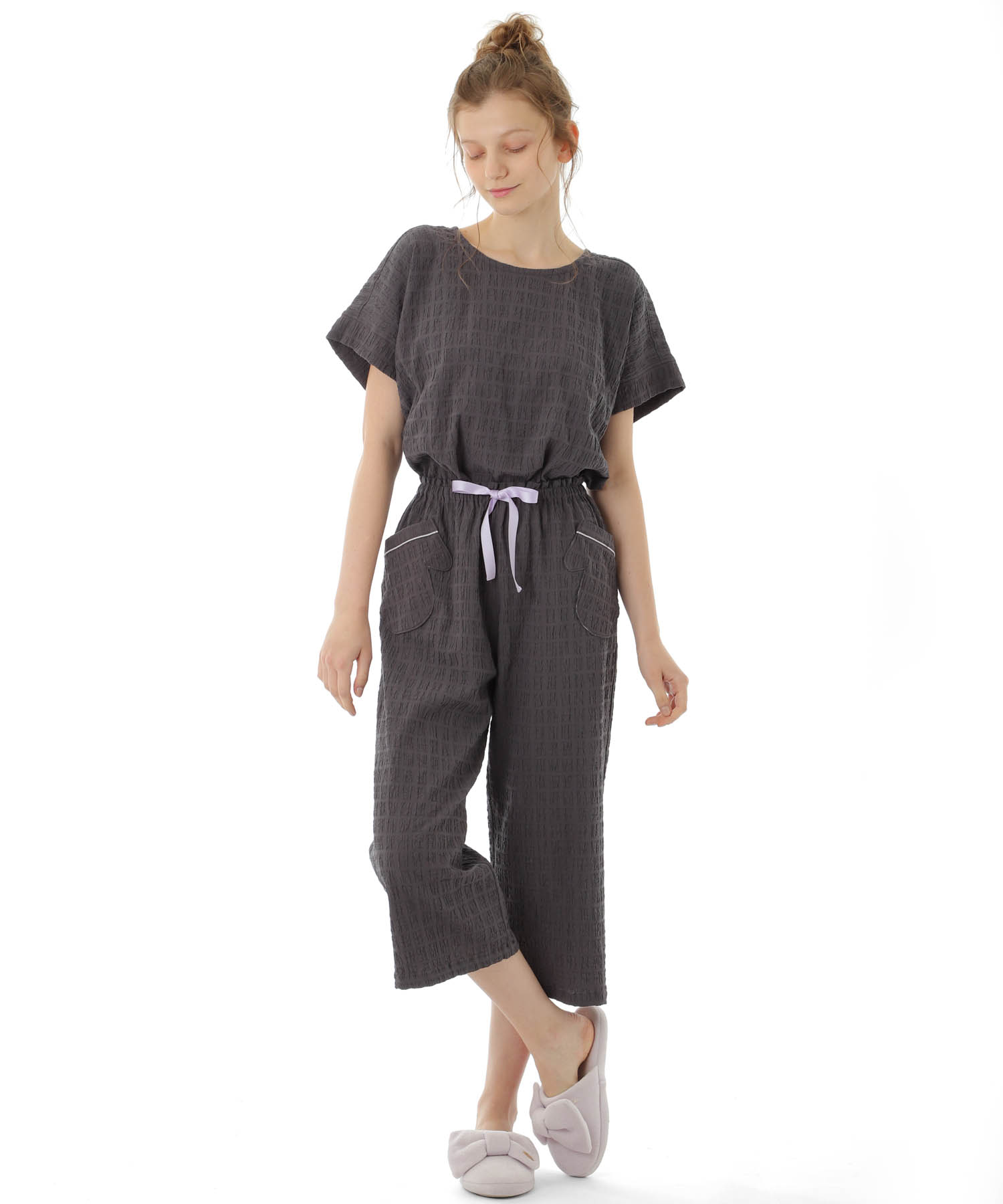 変わり織りシャーリングセットアップ_パジャマ&ルームウェア-セットアップ_グレー_4