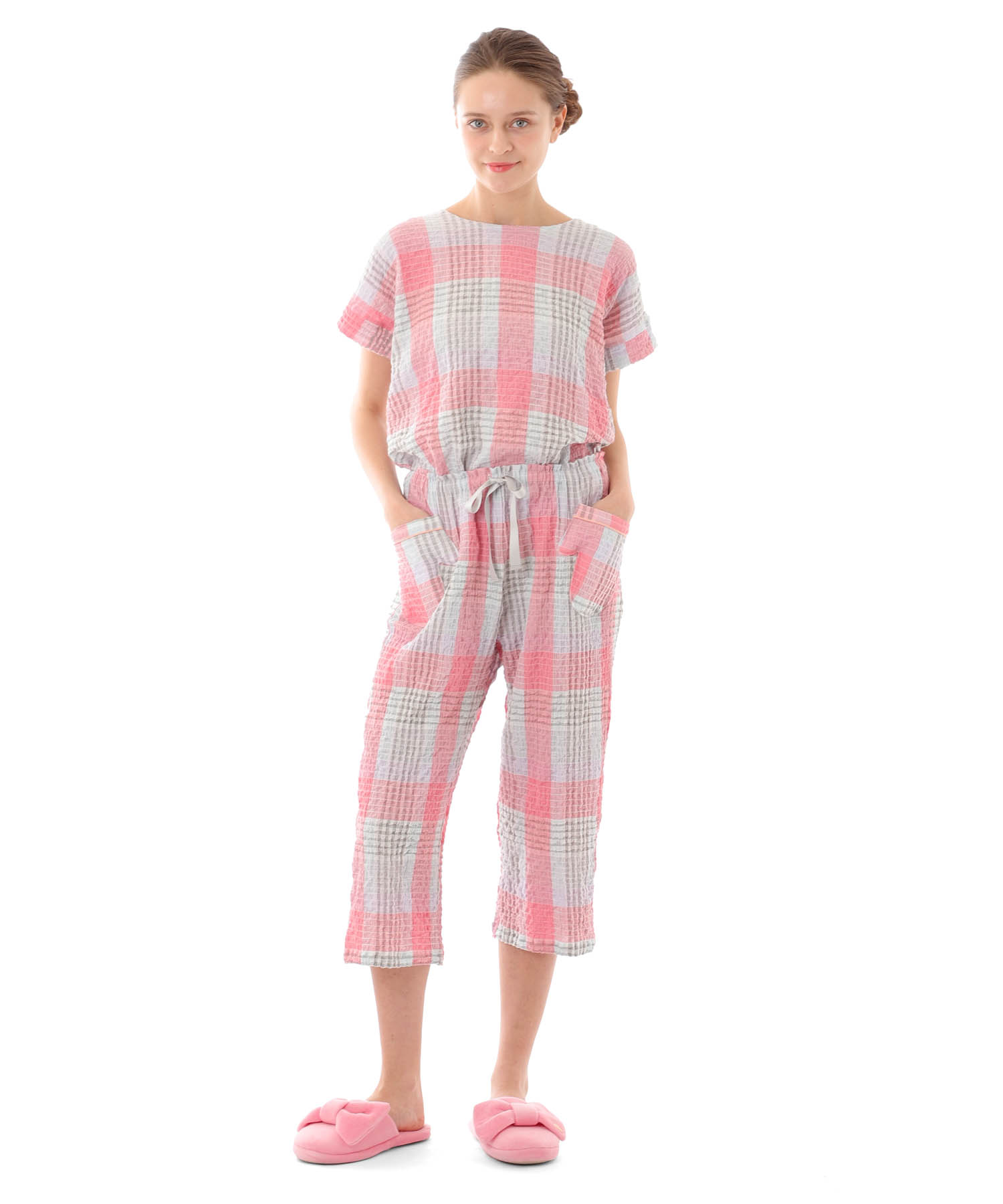 シャーリングマドラスチェックセットアップ_パジャマ&ルームウェア-セットアップ_オレンジ_0