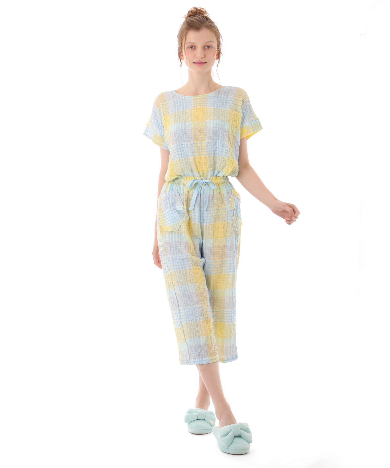 シャーリングマドラスチェックセットアップ_パジャマ&ルームウェア-セットアップ_イエロー_1