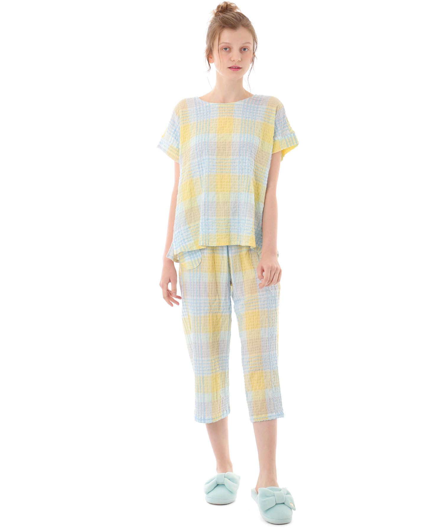 シャーリングマドラスチェックセットアップ_パジャマ&ルームウェア-セットアップ_イエロー_2